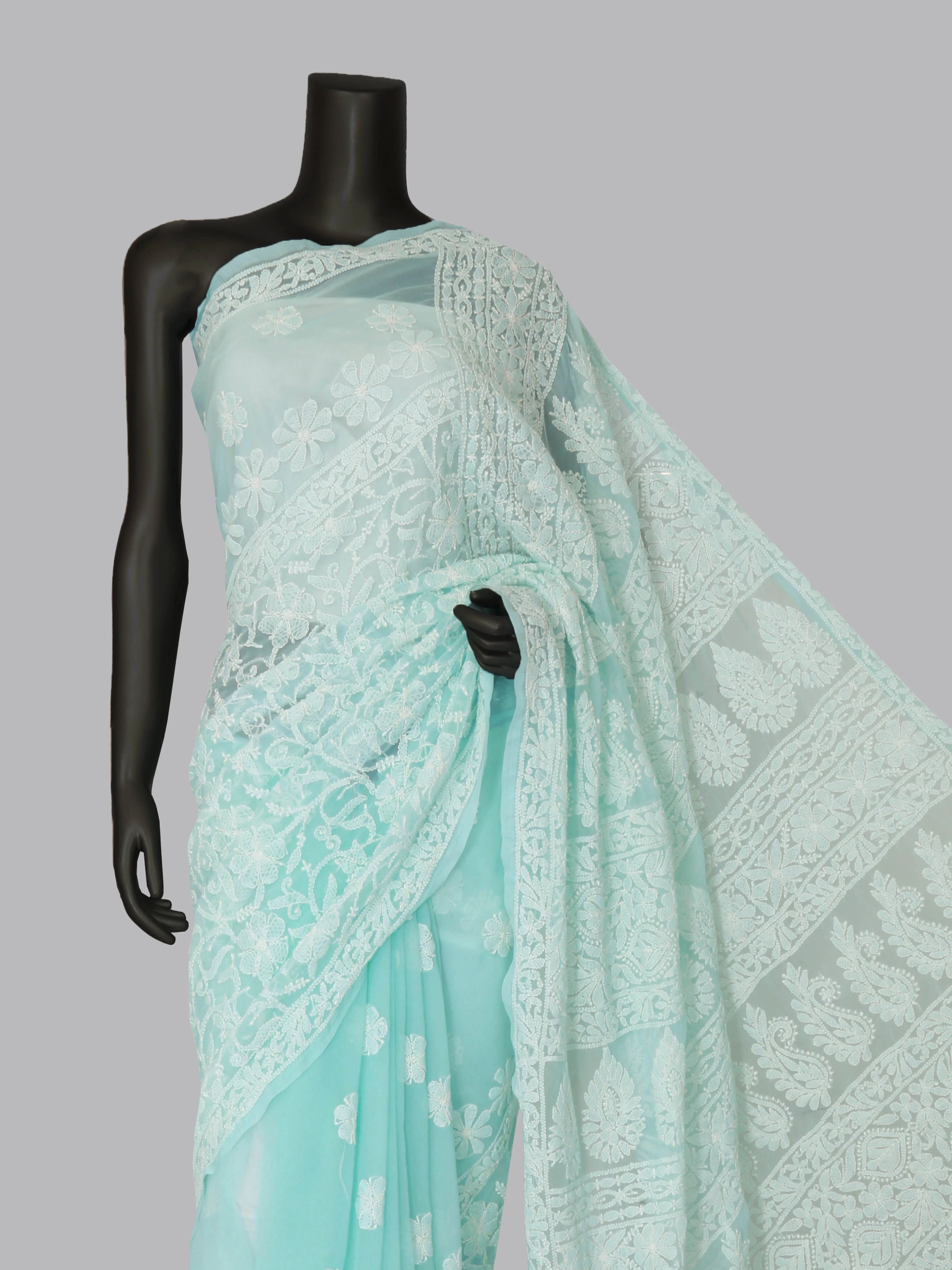 Ada Hand Embroidered Sea Green Georgette Lucknowi Chikankari Saree With Blouse 01A424885