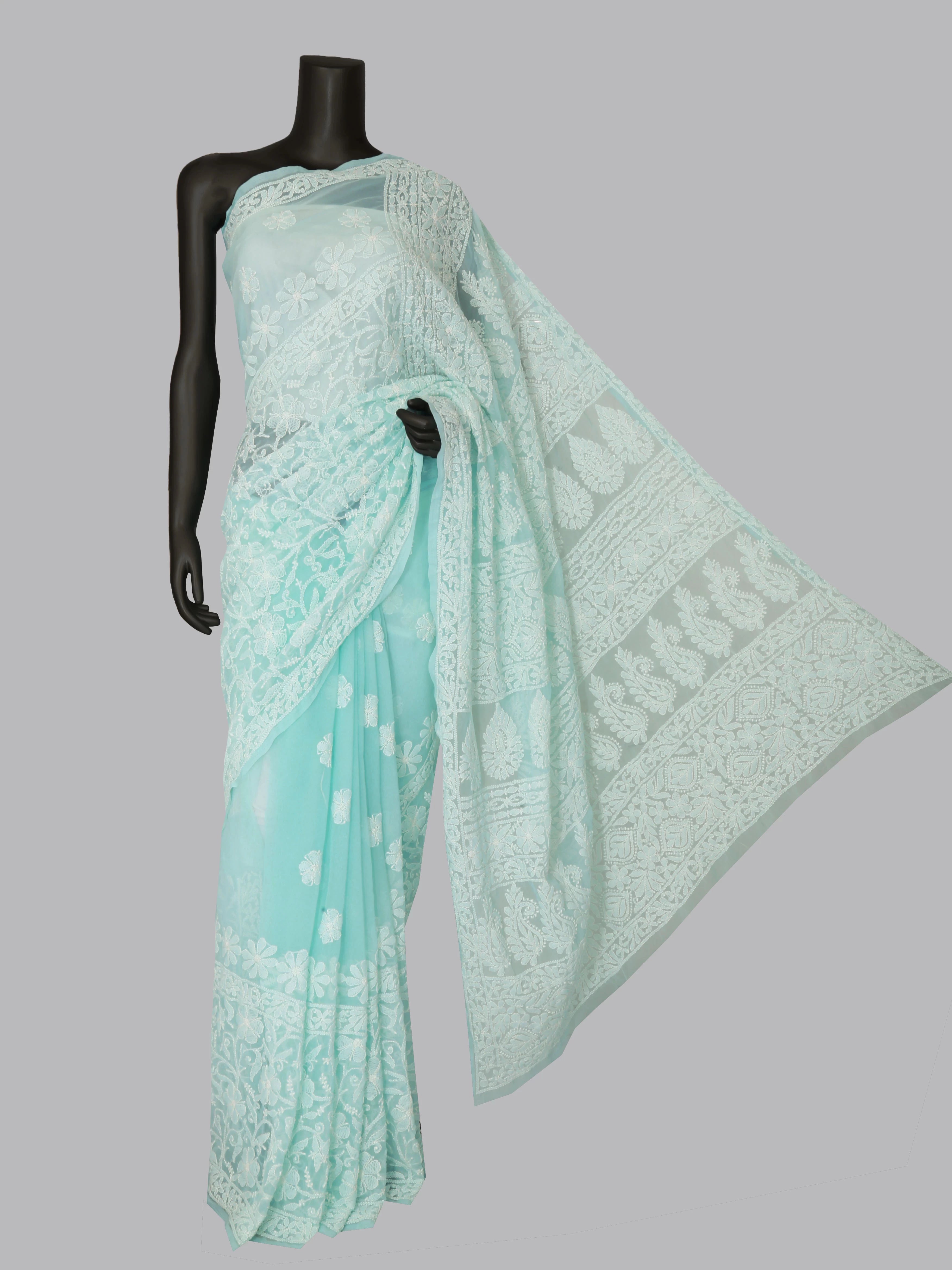 Ada Hand Embroidered Sea Green Georgette Lucknowi Chikankari Saree With Blouse 01A424885