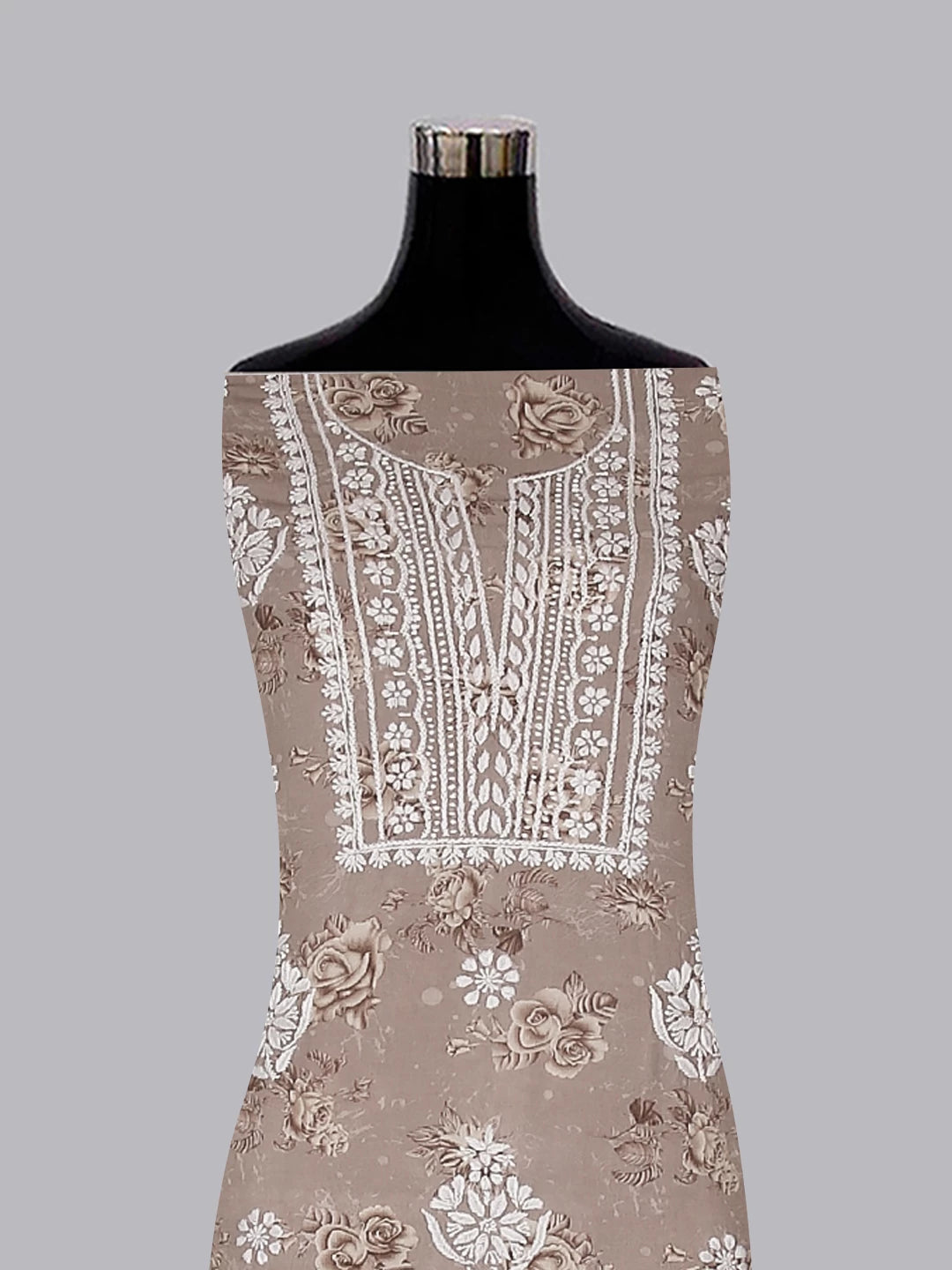 Ada Hand Embroidered Fawn Modal Floral Print Lucknowi Chikankari Unstitched Kurta Piece 01A466158