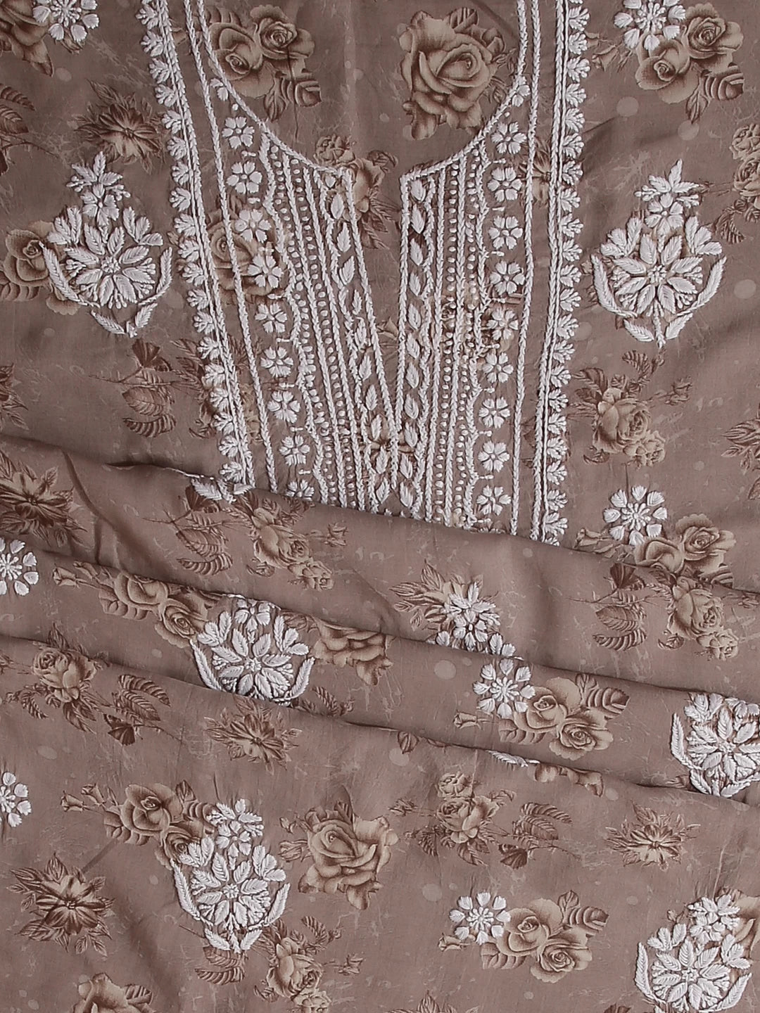 Ada Hand Embroidered Fawn Modal Floral Print Lucknowi Chikankari Unstitched Kurta Piece 01A466158