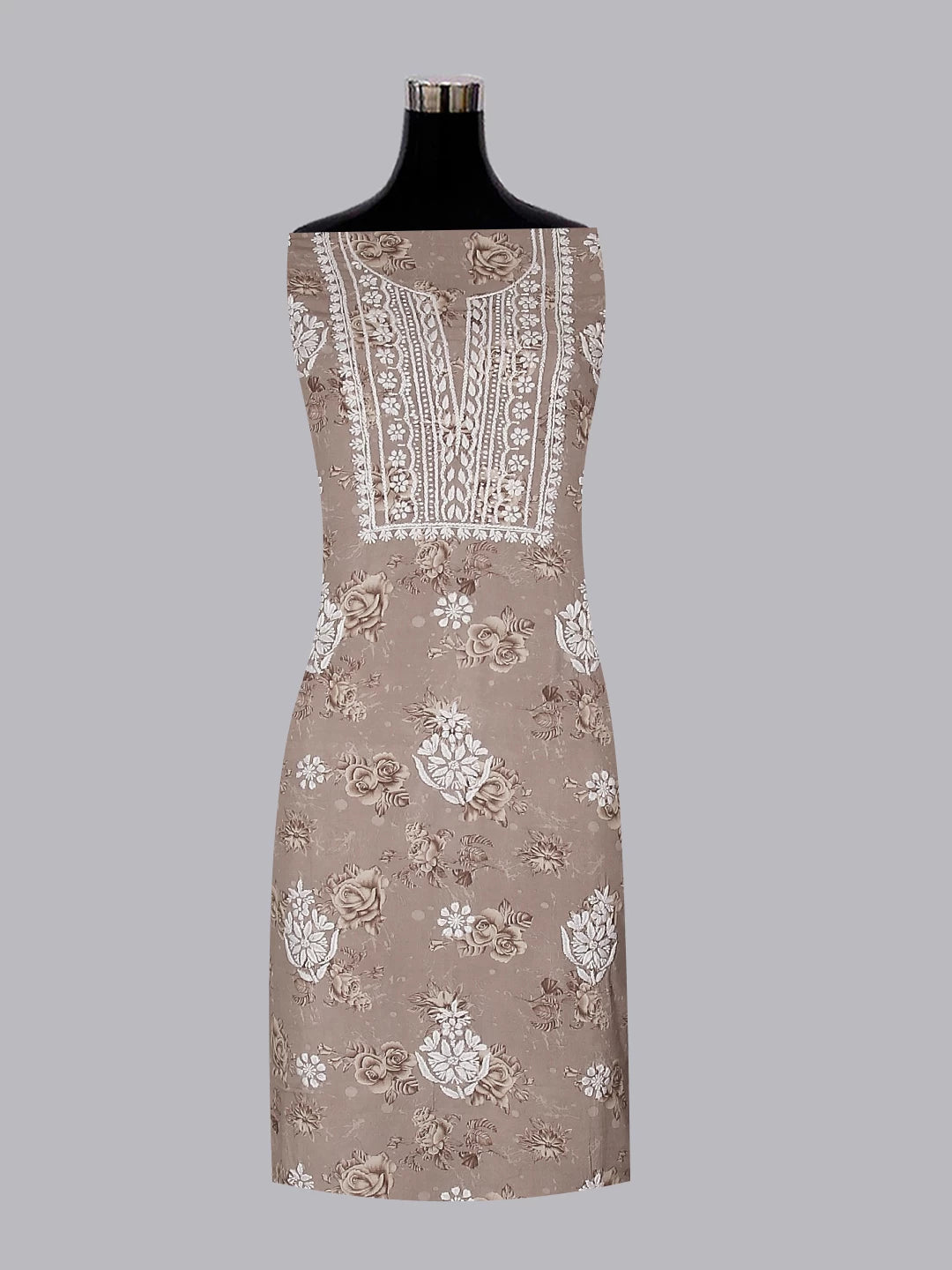 Ada Hand Embroidered Fawn Modal Floral Print Lucknowi Chikankari Unstitched Kurta Piece 01A466158