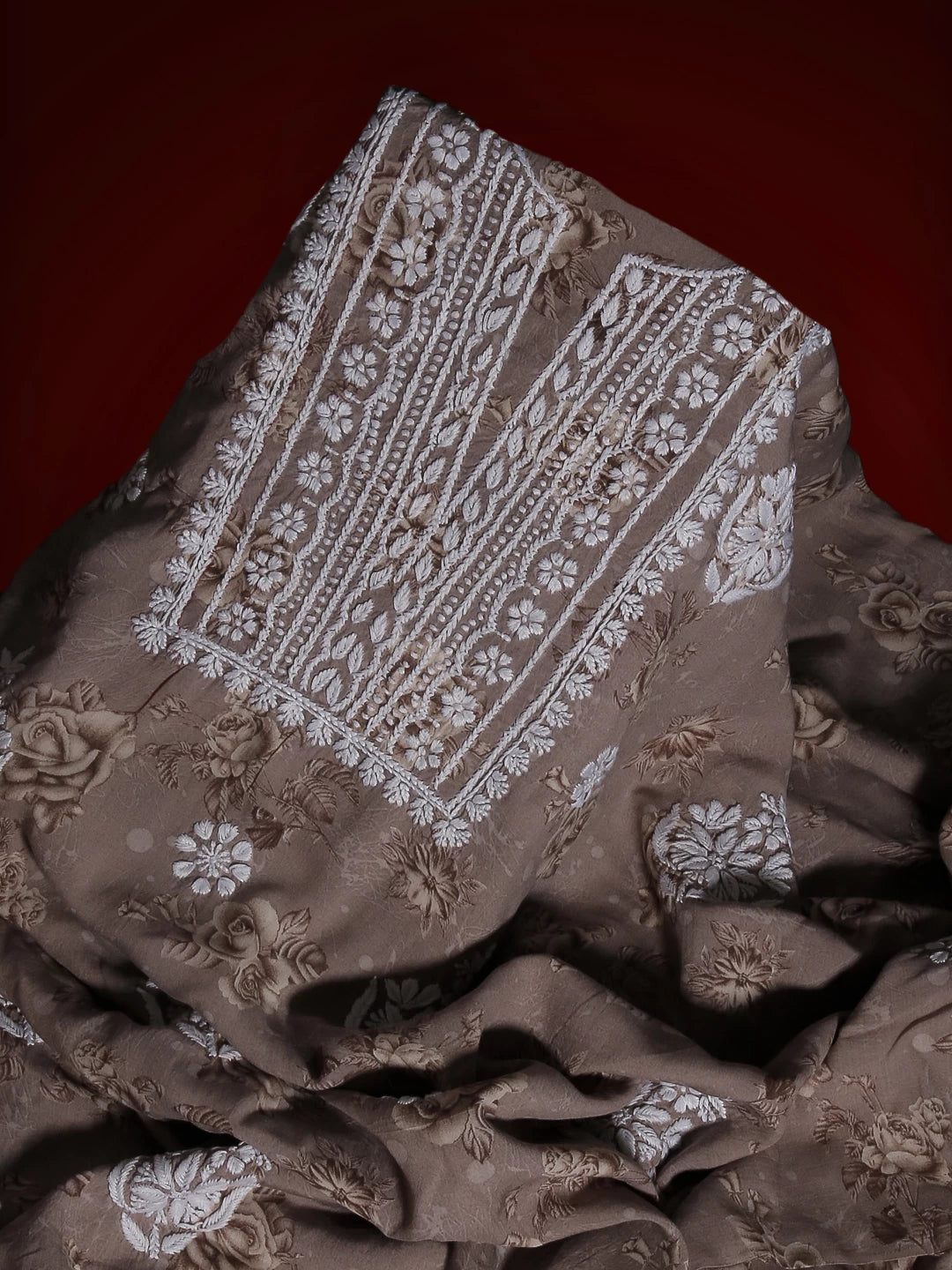 Ada Hand Embroidered Fawn Modal Floral Print Lucknowi Chikankari Unstitched Kurta Piece 01A466158