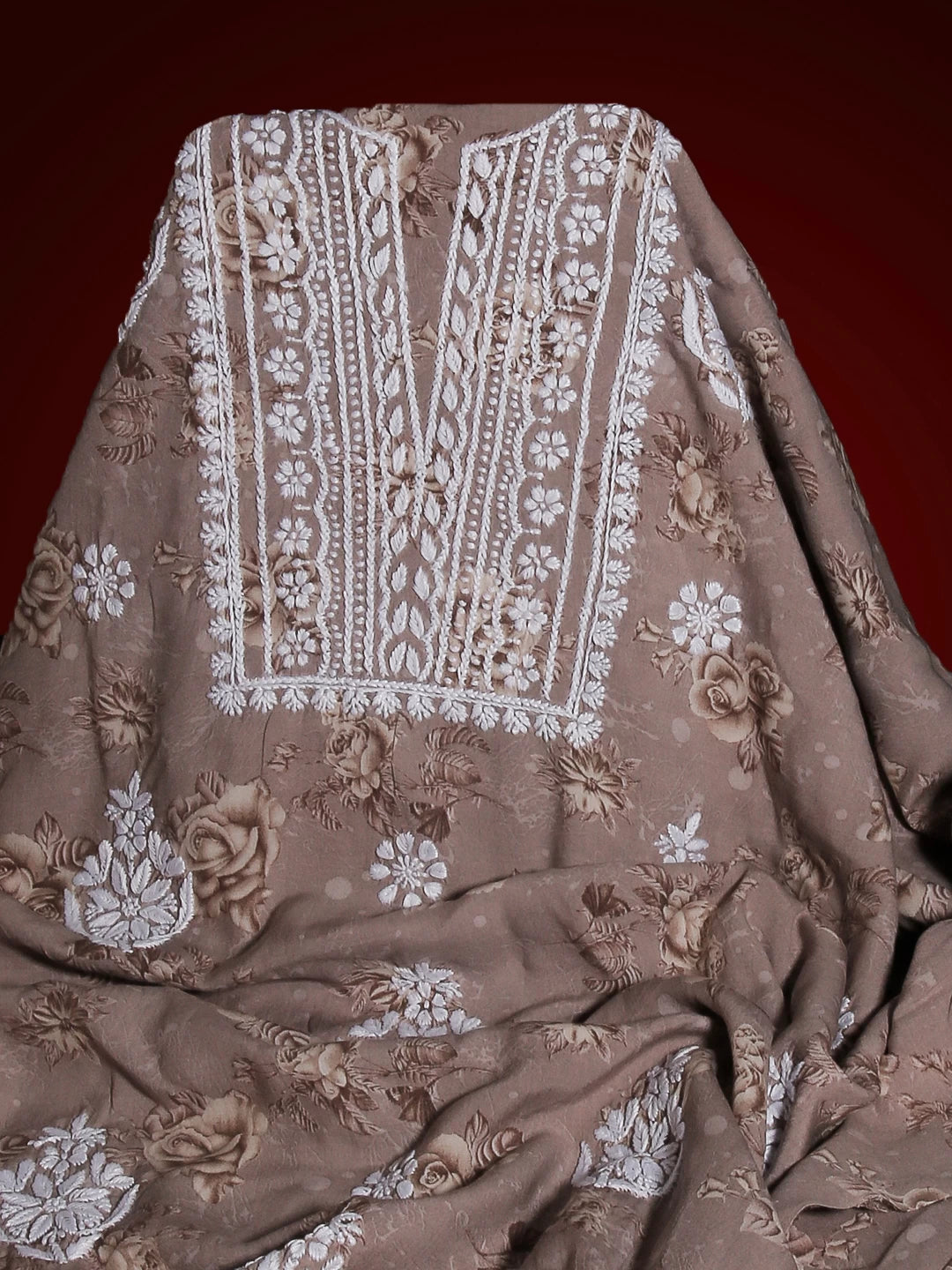 Ada Hand Embroidered Fawn Modal Floral Print Lucknowi Chikankari Unstitched Kurta Piece 01A466158