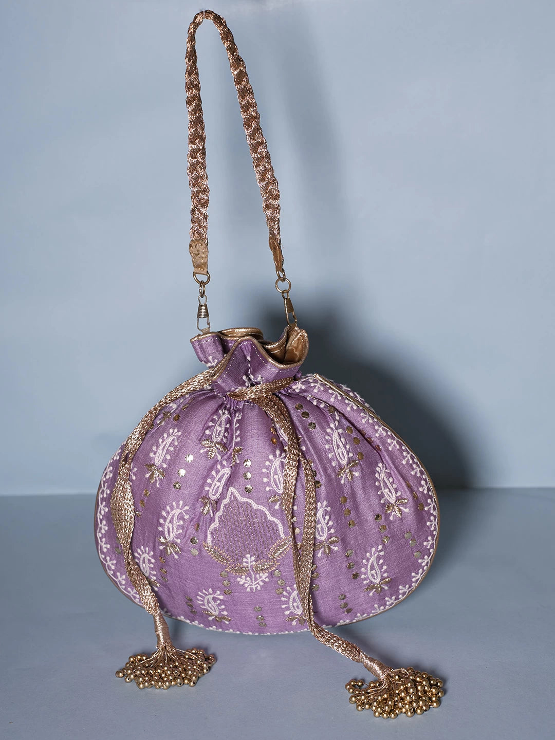 Ada Hand Embroidered Purple Silk Lucknowi Chikankari Potli Bag With Muqaish Work 01A364147