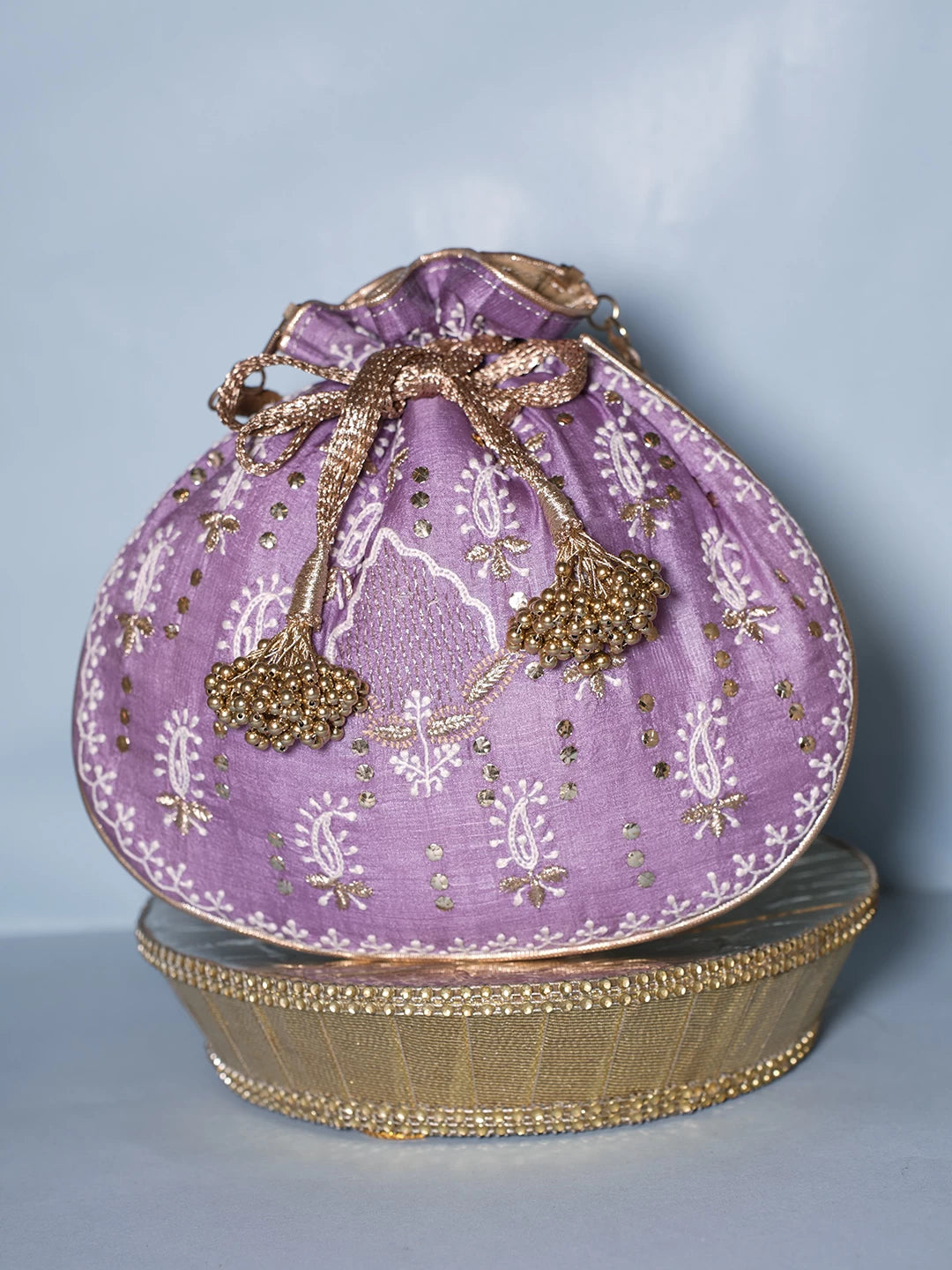 Ada Hand Embroidered Purple Silk Lucknowi Chikankari Potli Bag With Muqaish Work 01A364147