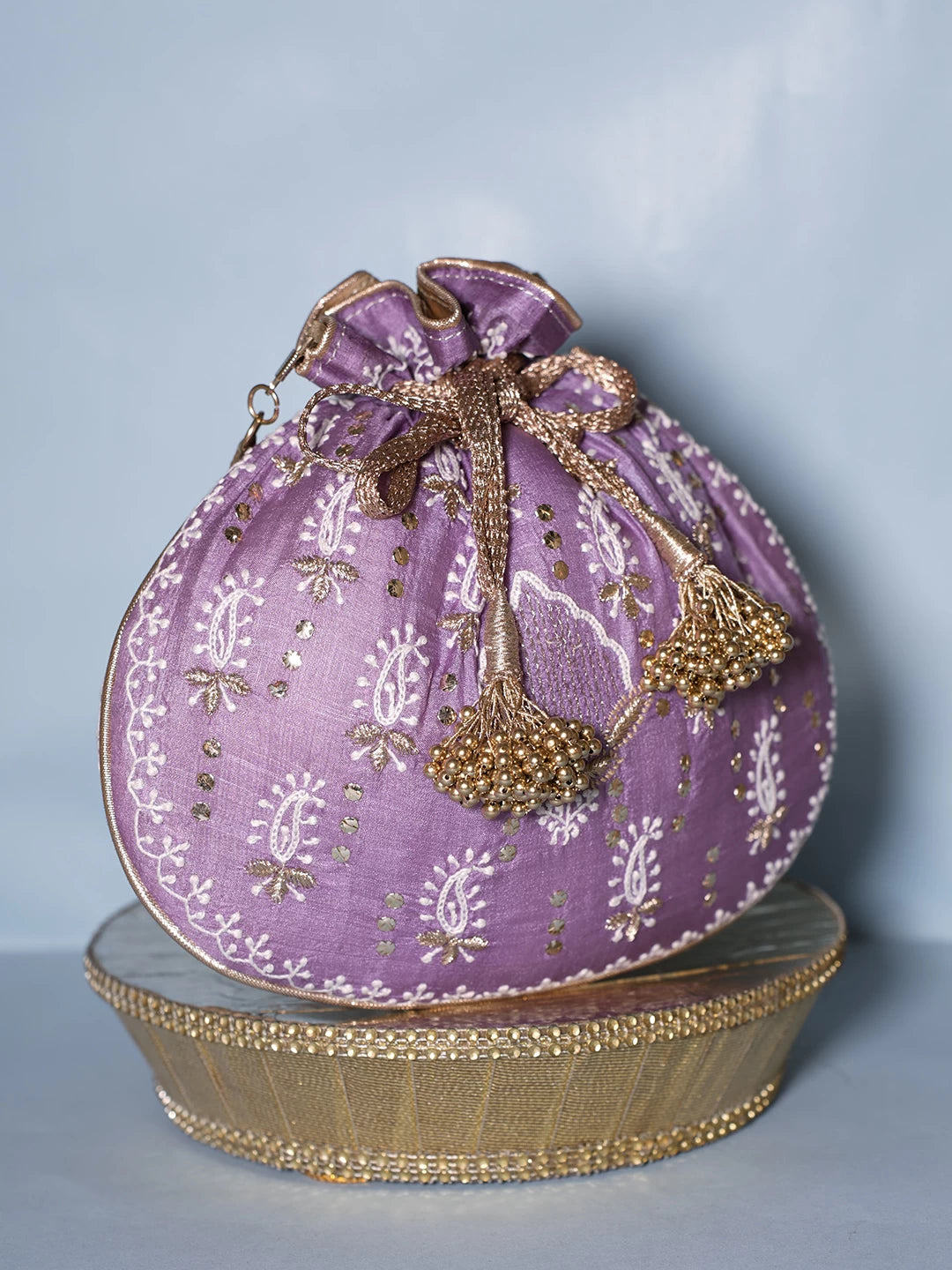 Ada Hand Embroidered Purple Silk Lucknowi Chikankari Potli Bag With Muqaish Work 01A364147