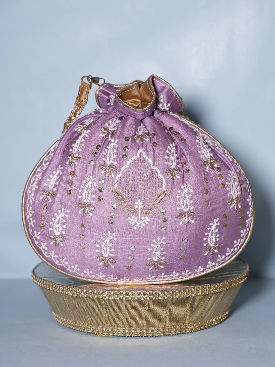 Ada Hand Embroidered Purple Silk Lucknowi Chikankari Potli Bag With Muqaish Work 01A364147