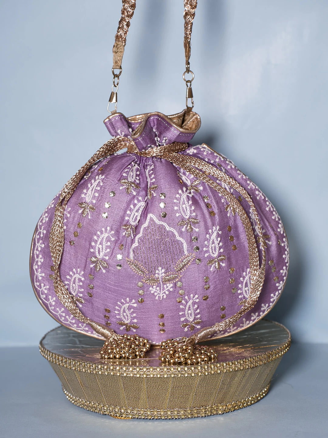Ada Hand Embroidered Purple Silk Lucknowi Chikankari Potli Bag With Muqaish Work 01A364147