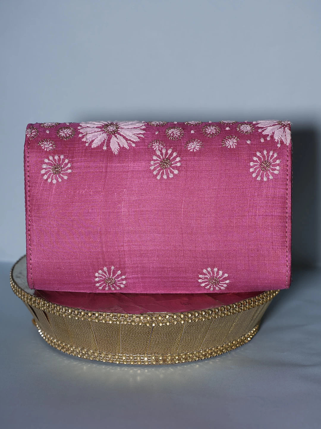 Ada Hand Embroidered Deep Pink Silk Lucknowi Chikankari Clutch With Zari Work 01A518532