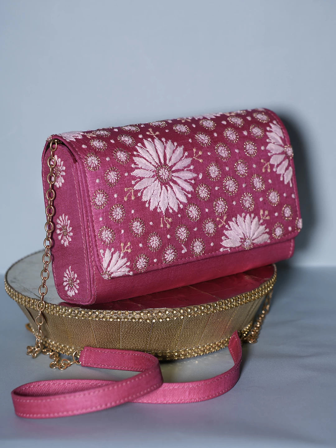 Ada Hand Embroidered Deep Pink Silk Lucknowi Chikankari Clutch With Zari Work 01A518532