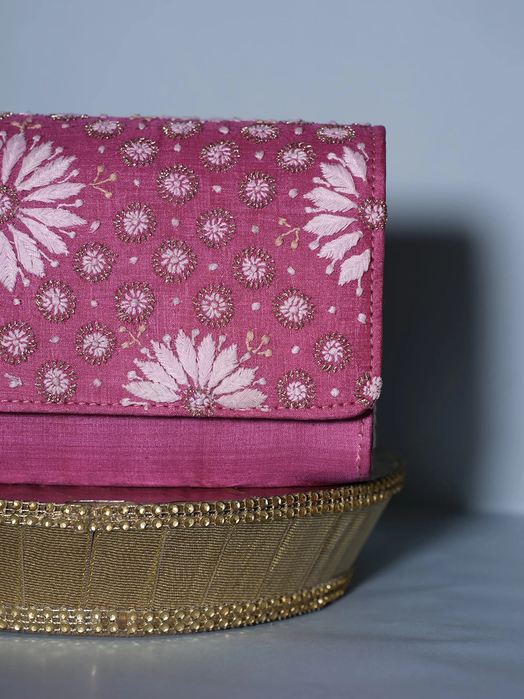 Ada Hand Embroidered Deep Pink Silk Lucknowi Chikankari Clutch With Zari Work 01A518532