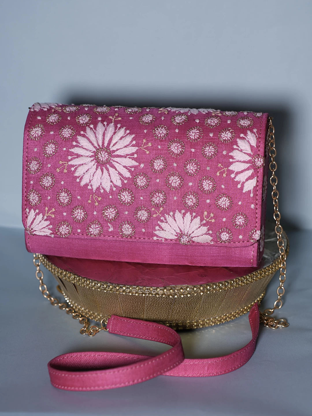 Ada Hand Embroidered Deep Pink Silk Lucknowi Chikankari Clutch With Zari Work 01A518532