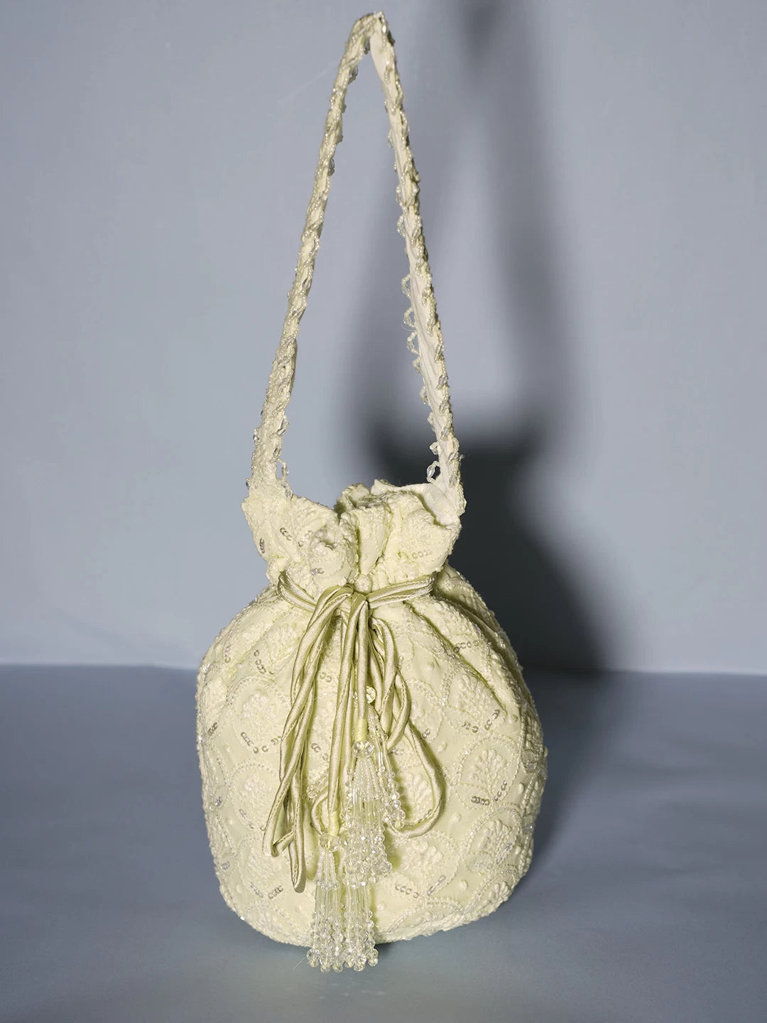 Ada Hand Embroidered Lemon Georgette Lucknowi Chikankari Potli Bag With Pearl Work 01A490106
