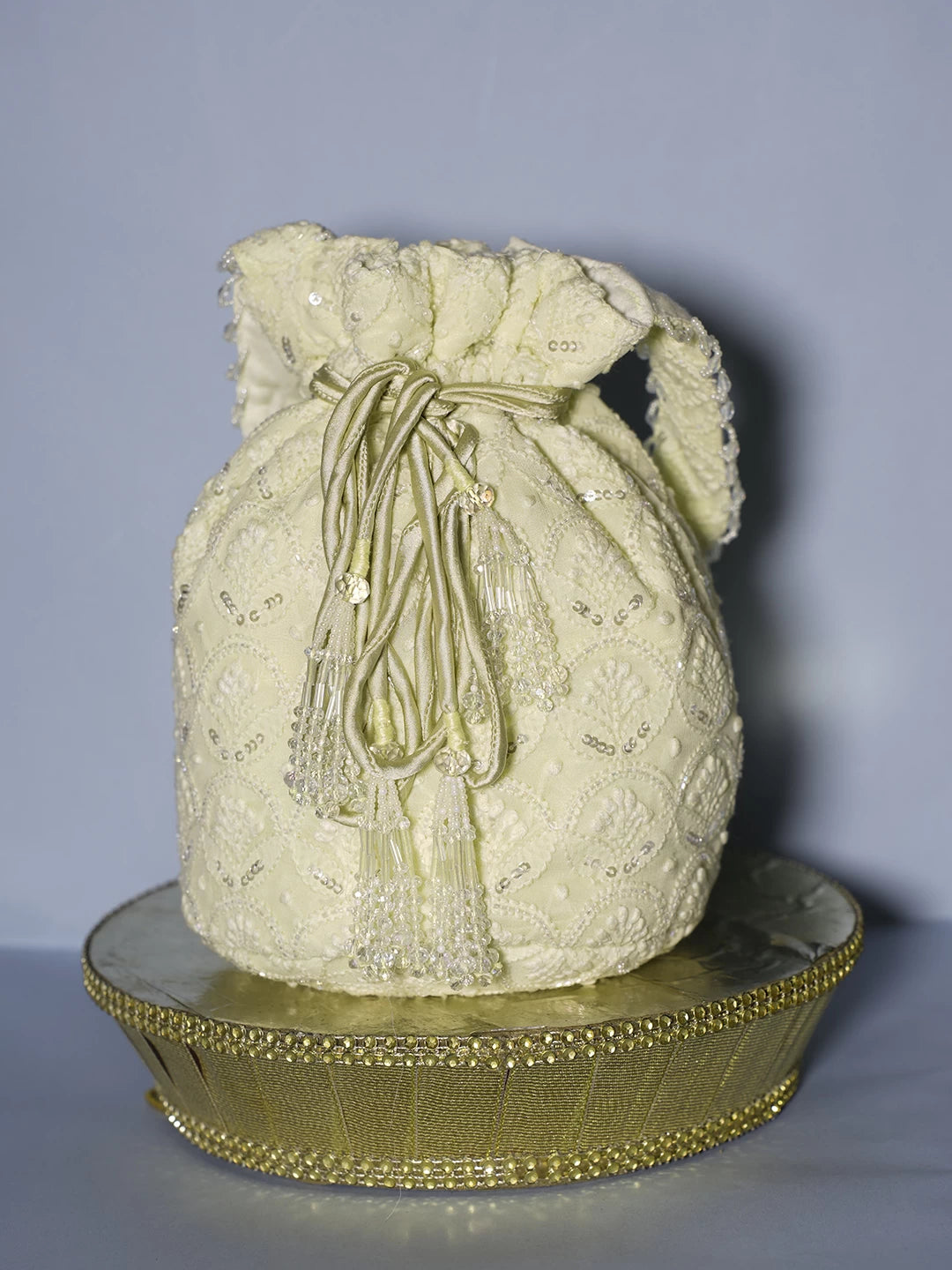 Ada Hand Embroidered Lemon Georgette Lucknowi Chikankari Potli Bag With Pearl Work 01A490106