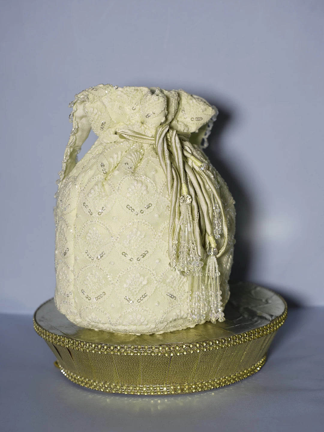 Ada Hand Embroidered Lemon Georgette Lucknowi Chikankari Potli Bag With Pearl Work 01A490106
