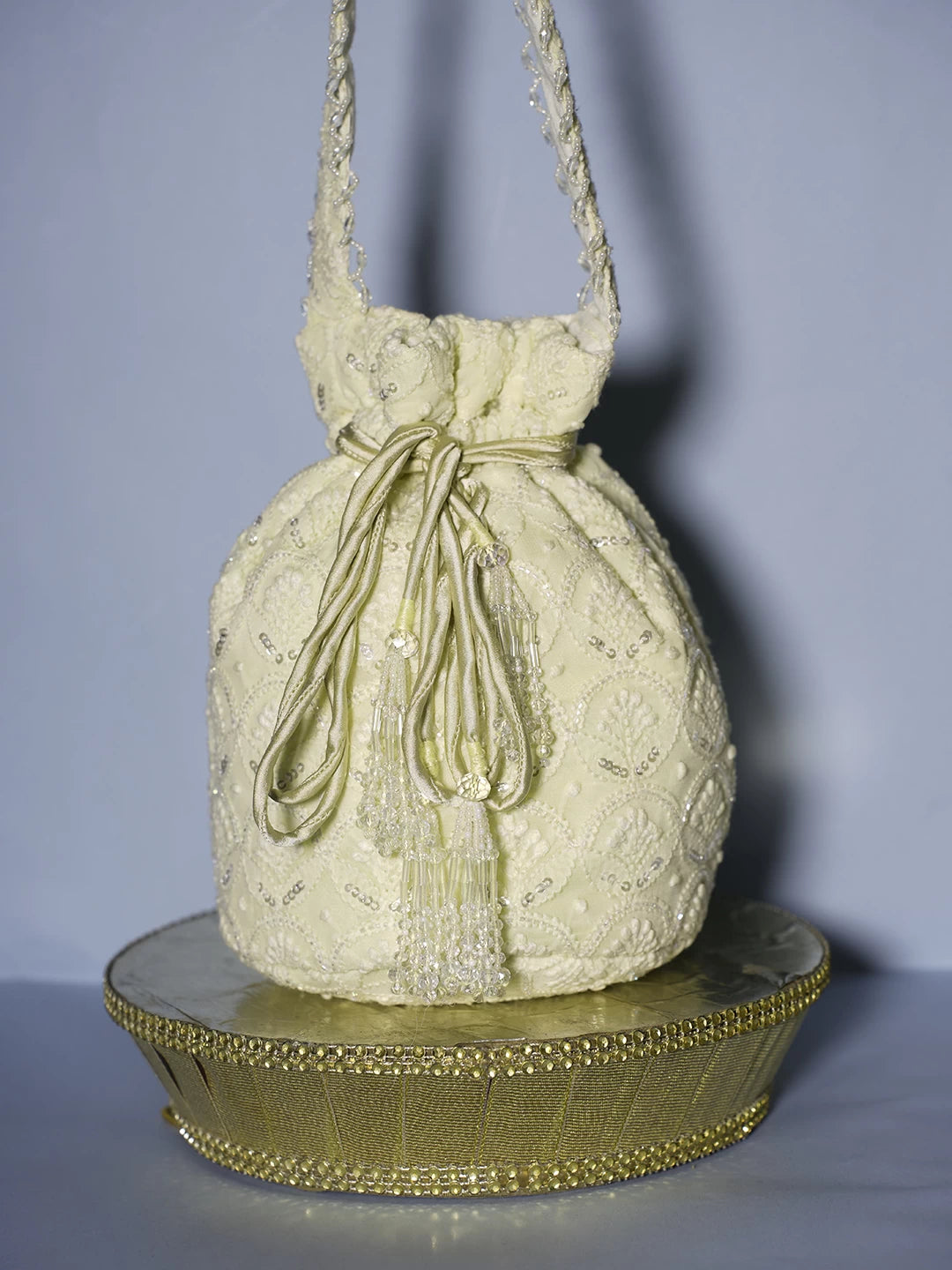 Ada Hand Embroidered Lemon Georgette Lucknowi Chikankari Potli Bag With Pearl Work 01A490106