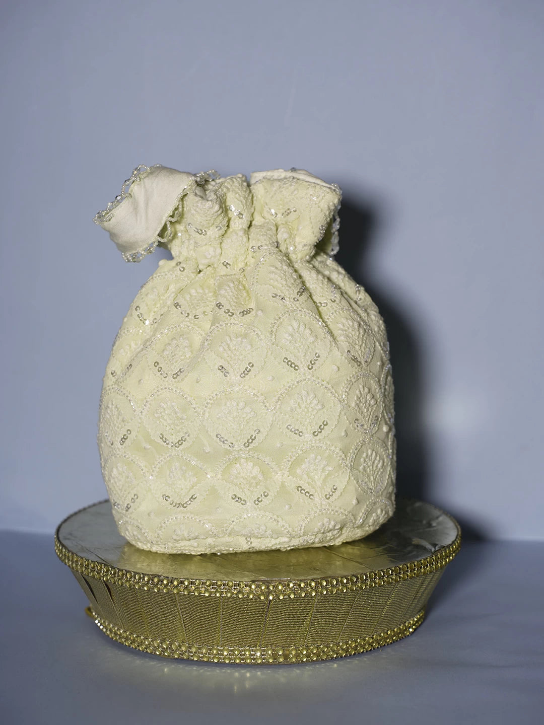 Ada Hand Embroidered Lemon Georgette Lucknowi Chikankari Potli Bag With Pearl Work 01A490106