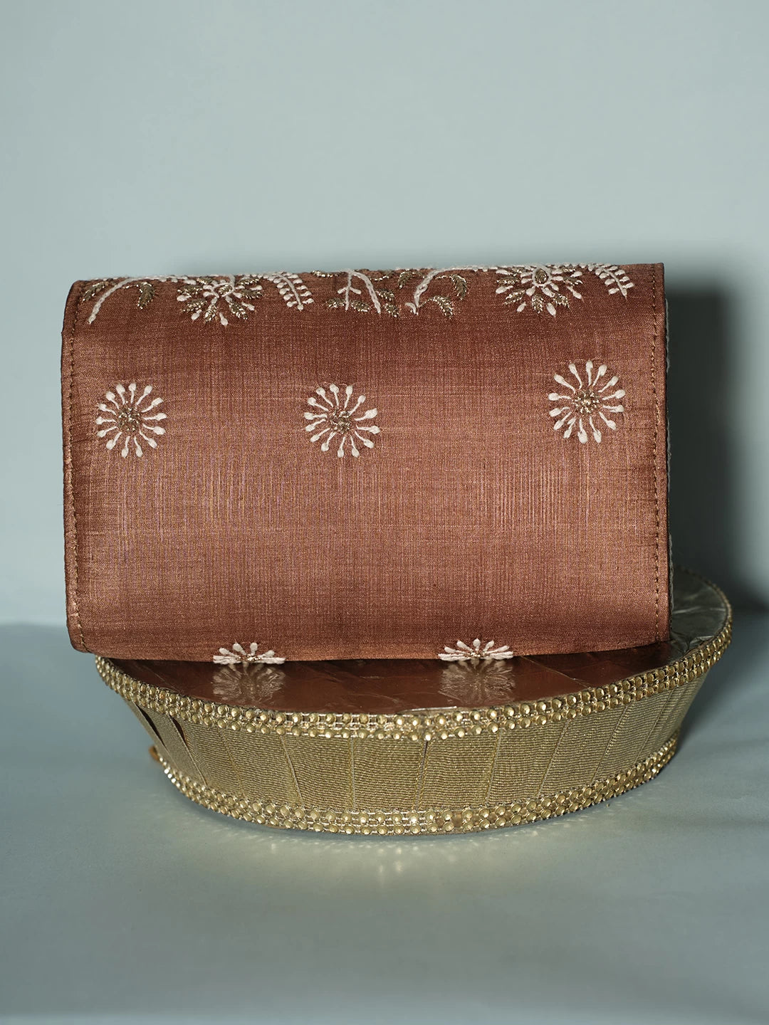 Ada Hand Embroidered Brown Silk Lucknowi Chikankari Clutch With Zari Work 01A518529
