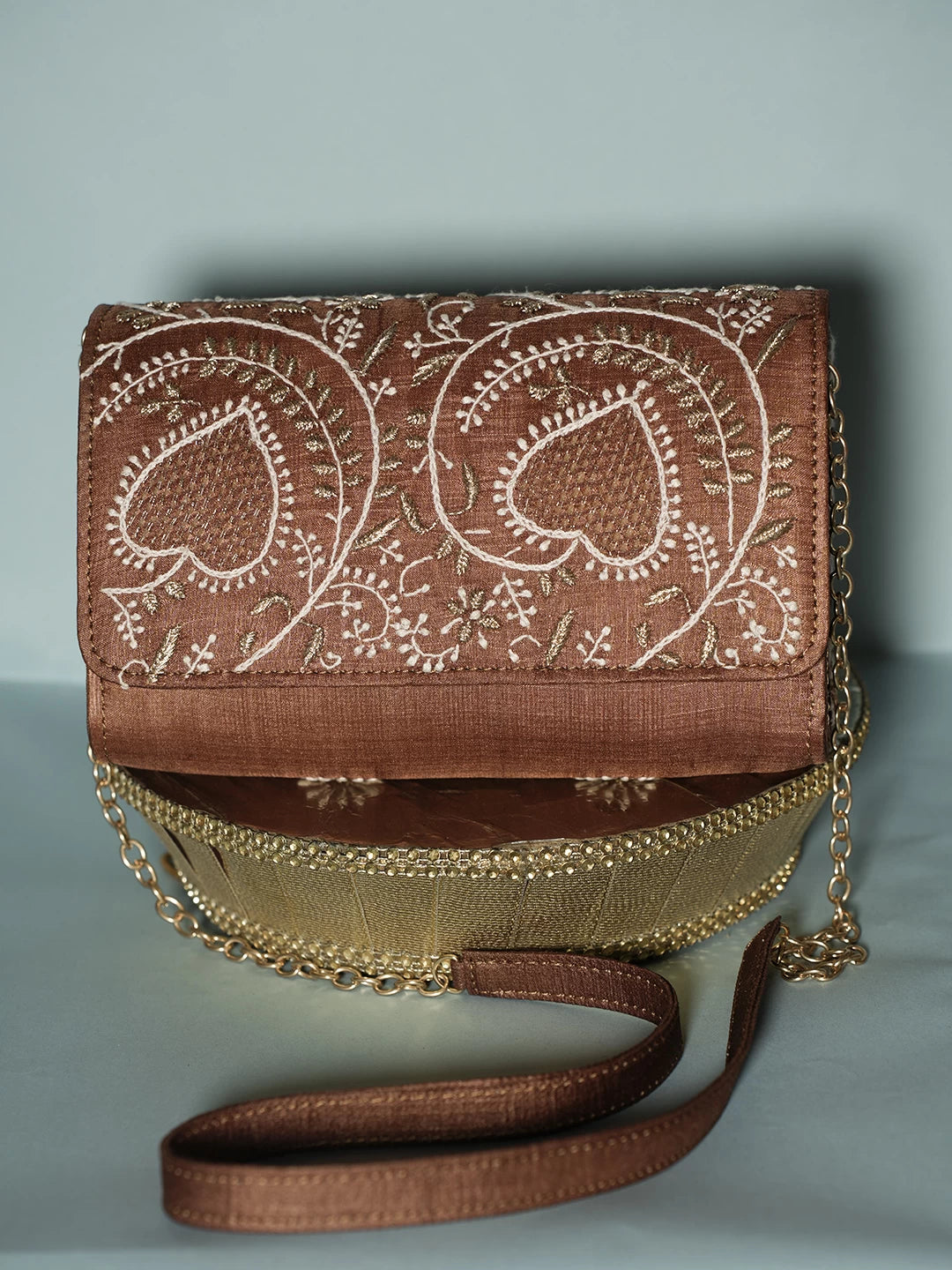 Ada Hand Embroidered Brown Silk Lucknowi Chikankari Clutch With Zari Work 01A518529
