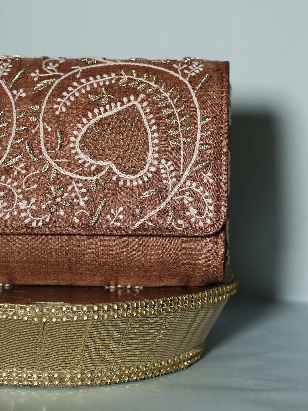 Ada Hand Embroidered Brown Silk Lucknowi Chikankari Clutch With Zari Work 01A518529
