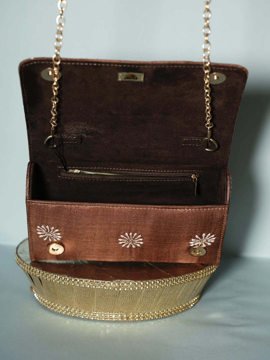 Ada Hand Embroidered Brown Silk Lucknowi Chikankari Clutch With Zari Work 01A518529