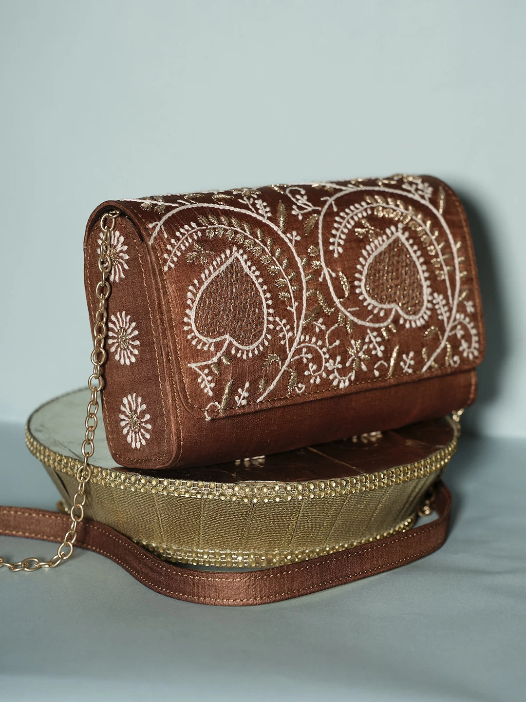Ada Hand Embroidered Brown Silk Lucknowi Chikankari Clutch With Zari Work 01A518529