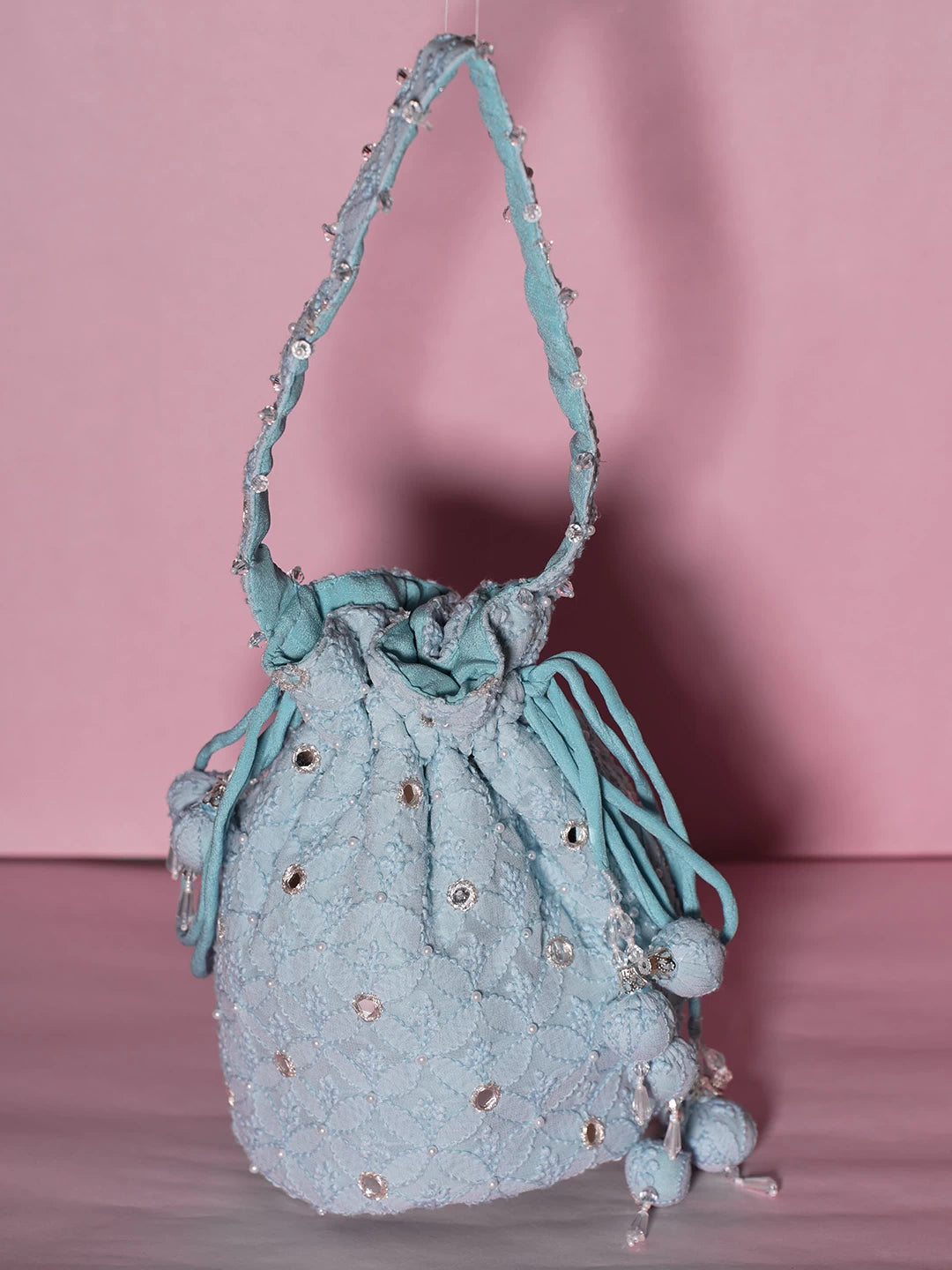 Ada Hand Embroidered Sky Blue Georgette Lucknowi Chikankari Potli Bag With Pearl Work 01A505235