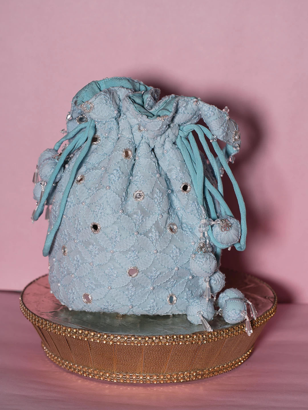 Ada Hand Embroidered Sky Blue Georgette Lucknowi Chikankari Potli Bag With Pearl Work 01A505235