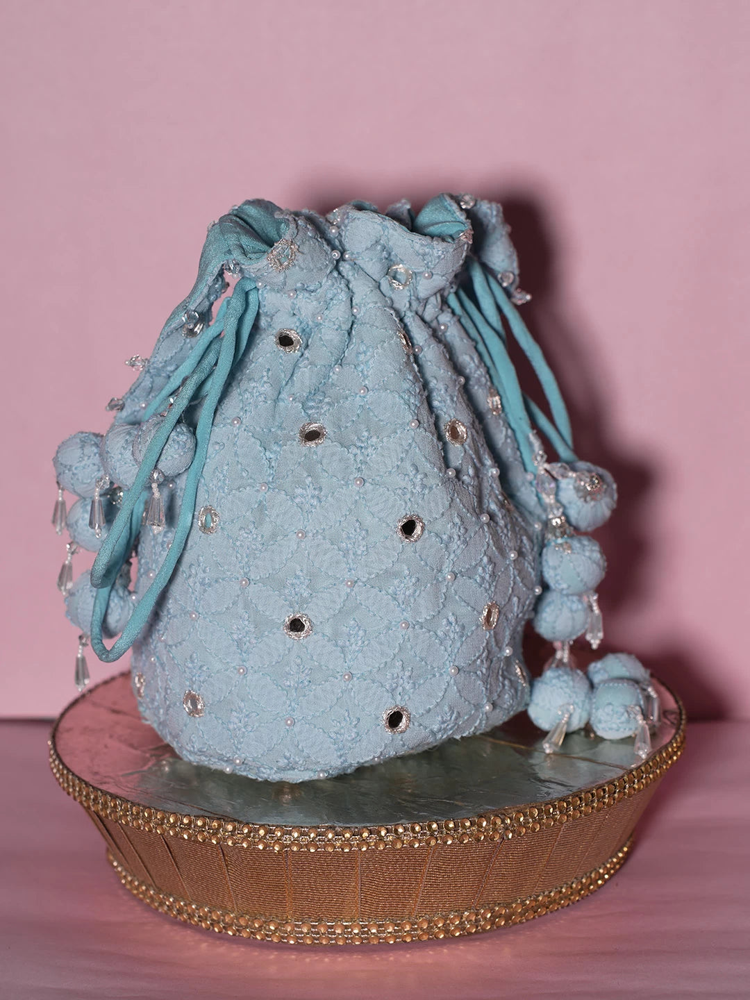 Ada Hand Embroidered Sky Blue Georgette Lucknowi Chikankari Potli Bag With Pearl Work 01A505235