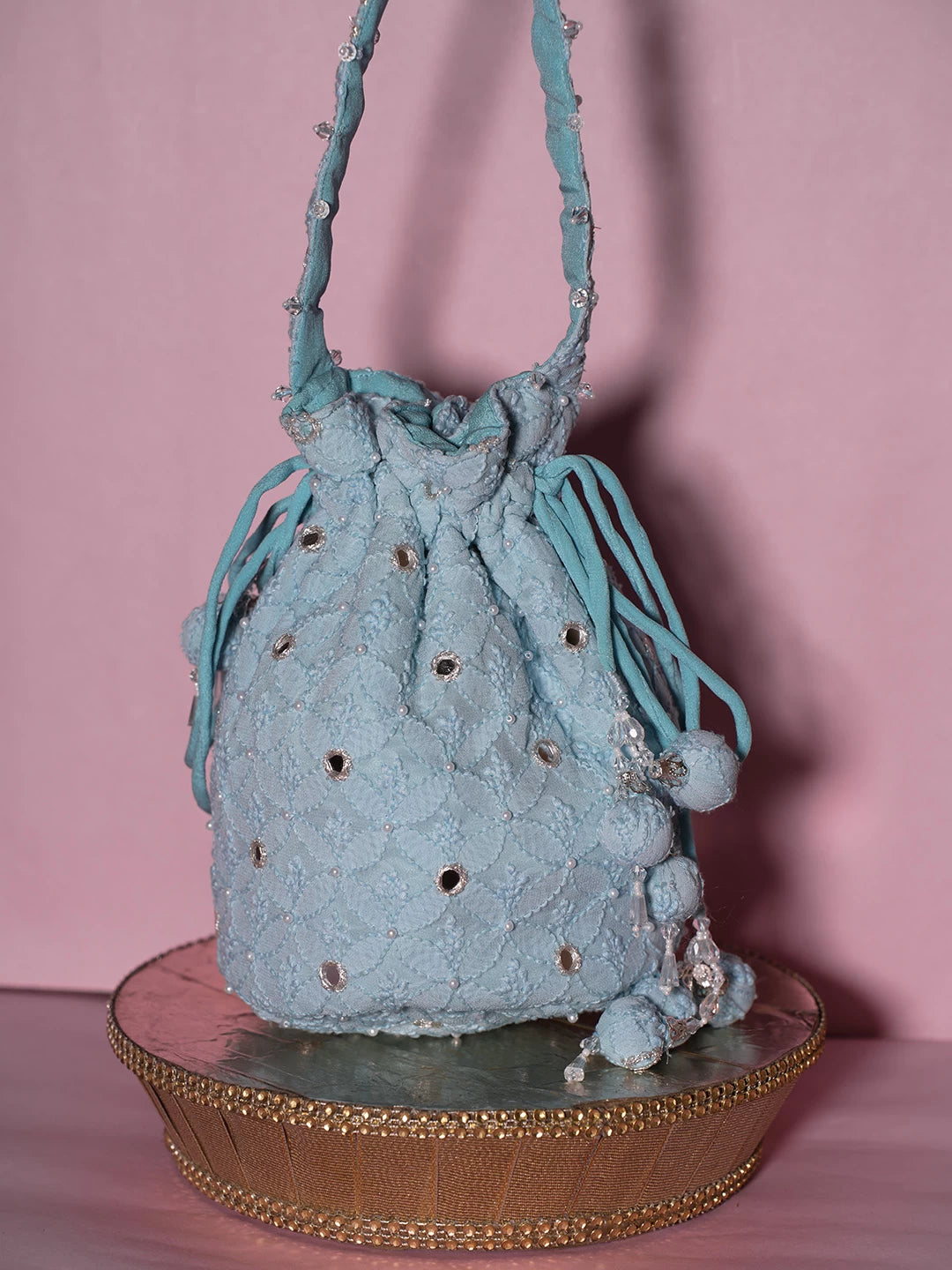 Ada Hand Embroidered Sky Blue Georgette Lucknowi Chikankari Potli Bag With Pearl Work 01A505235