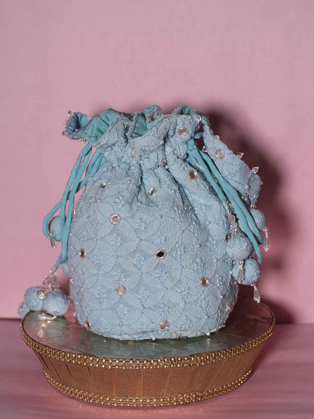 Ada Hand Embroidered Sky Blue Georgette Lucknowi Chikankari Potli Bag With Pearl Work 01A505235