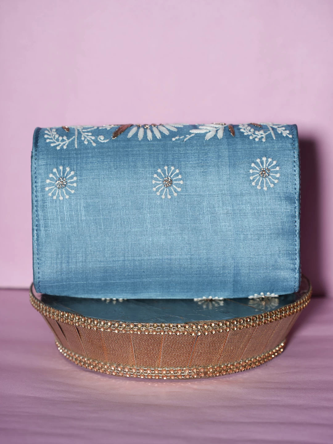 Ada Hand Embroidered Blue Silk Lucknowi Chikankari Clutch With Zari Work 01A506950