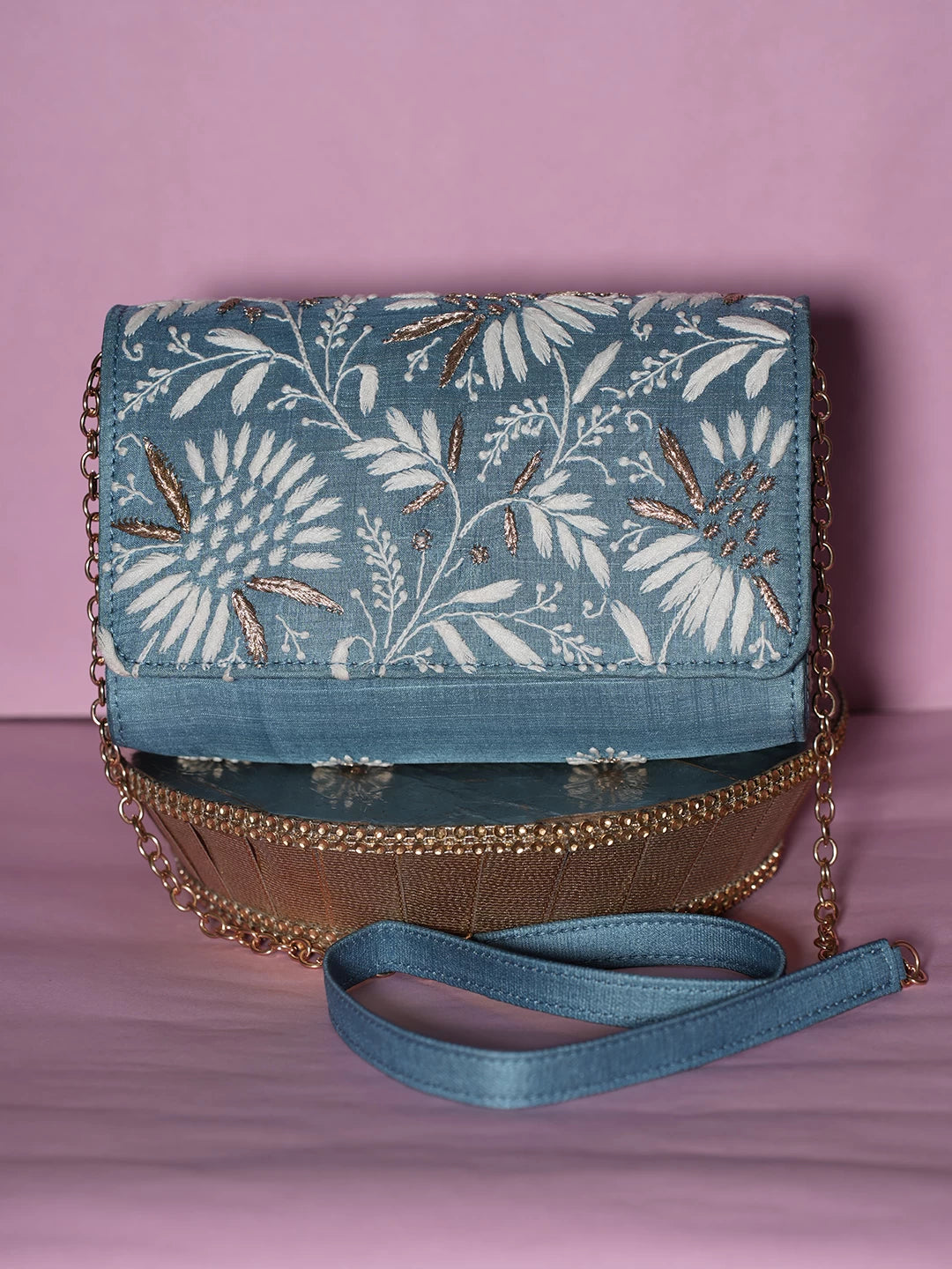 Ada Hand Embroidered Blue Silk Lucknowi Chikankari Clutch With Zari Work 01A506950