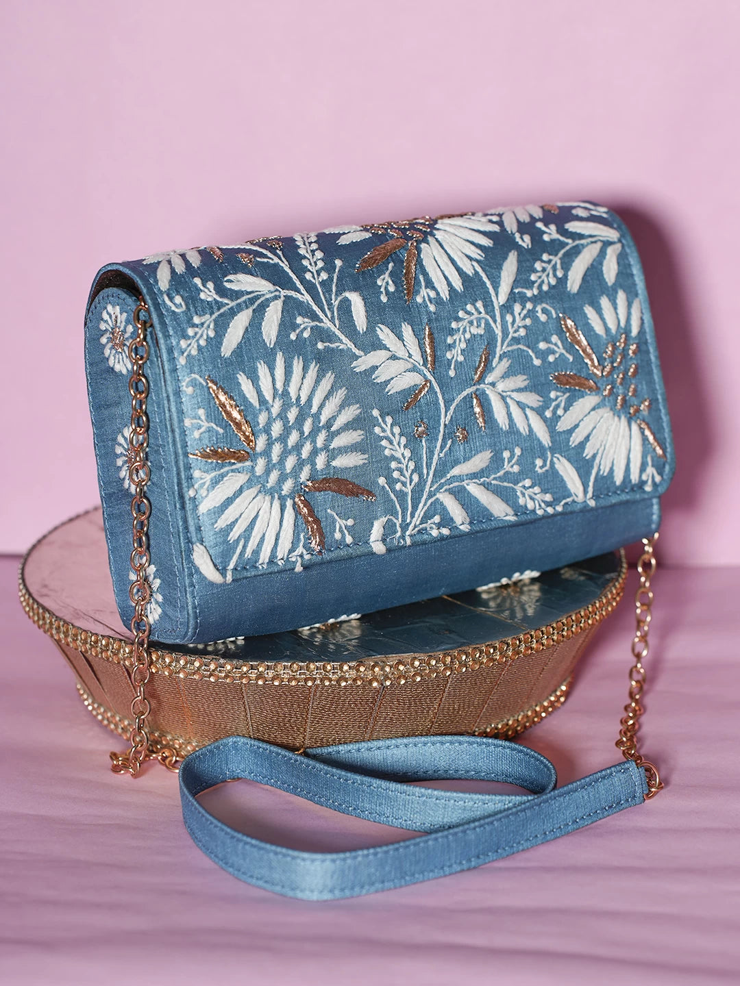 Ada Hand Embroidered Blue Silk Lucknowi Chikankari Clutch With Zari Work 01A506950