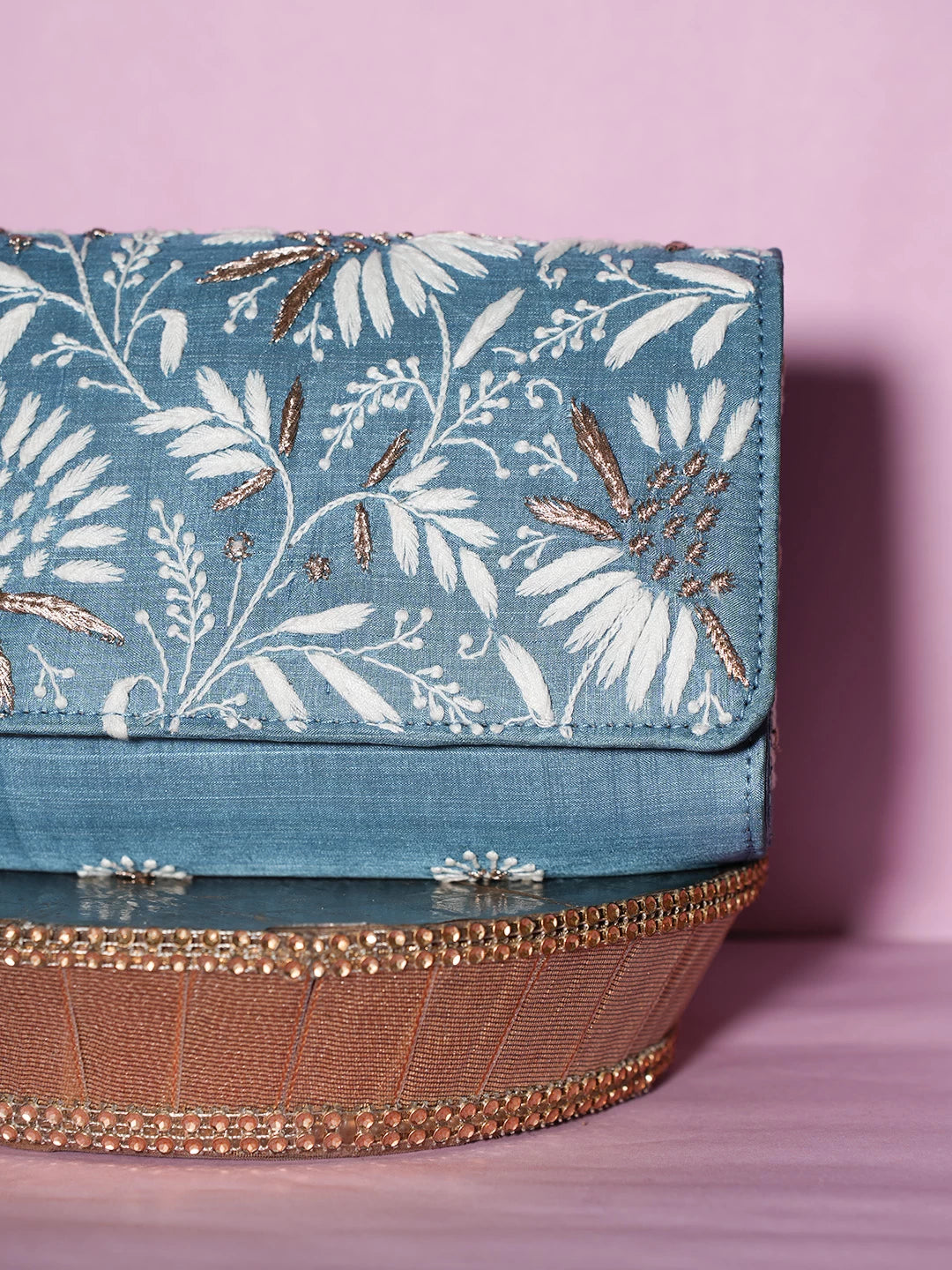 Ada Hand Embroidered Blue Silk Lucknowi Chikankari Clutch With Zari Work 01A506950