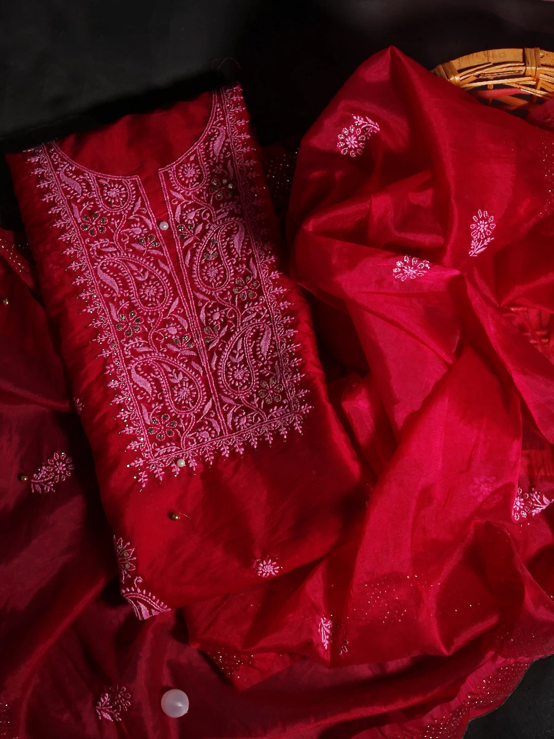 Ada Hand Embroidered Deep Pink Organza Lucknowi Chikankari Unstitched Kurta Dupatta Set With Muqaish Work 01A172381