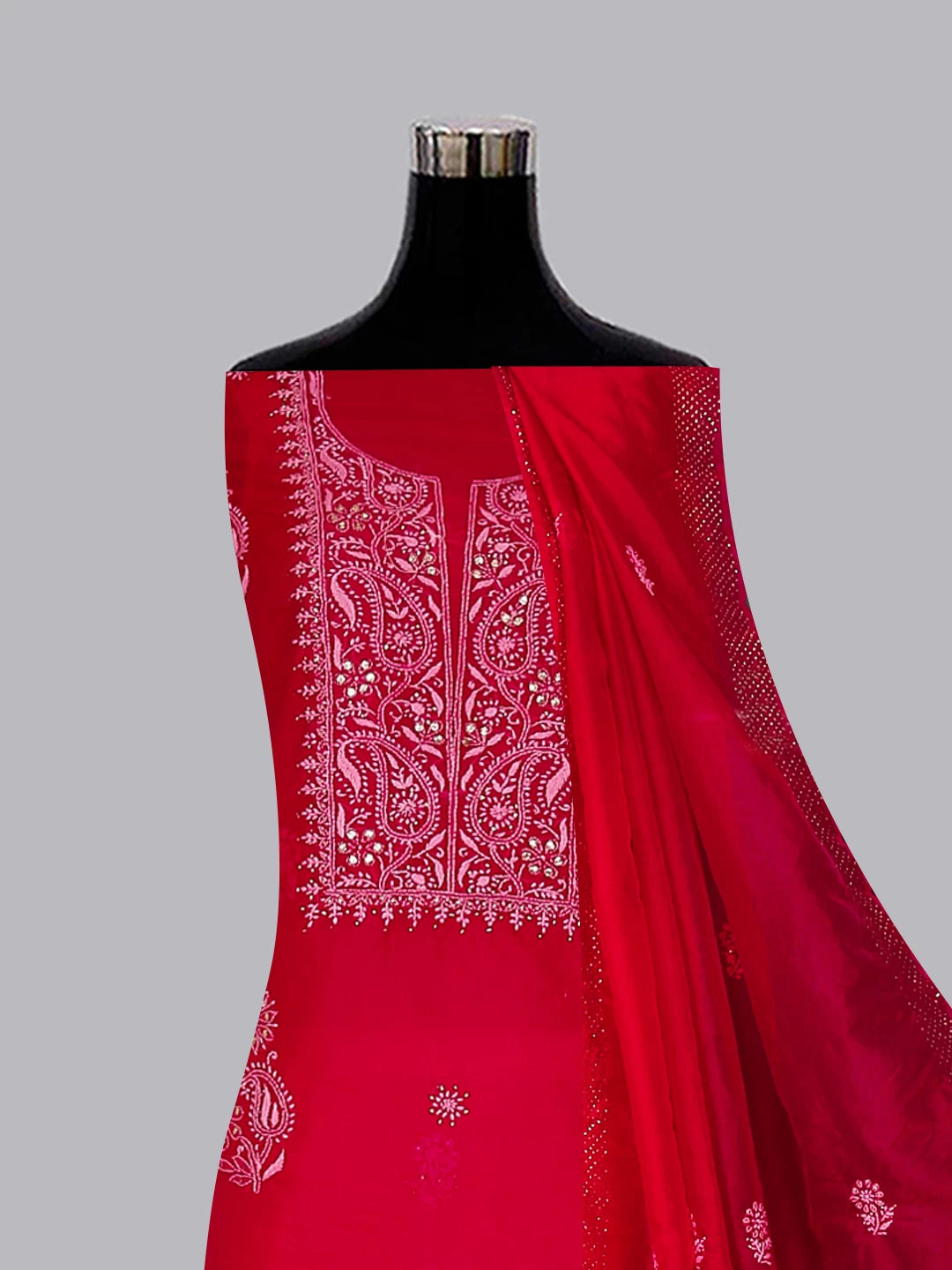 Ada Hand Embroidered Deep Pink Organza Lucknowi Chikankari Unstitched Kurta Dupatta Set With Muqaish Work 01A172381