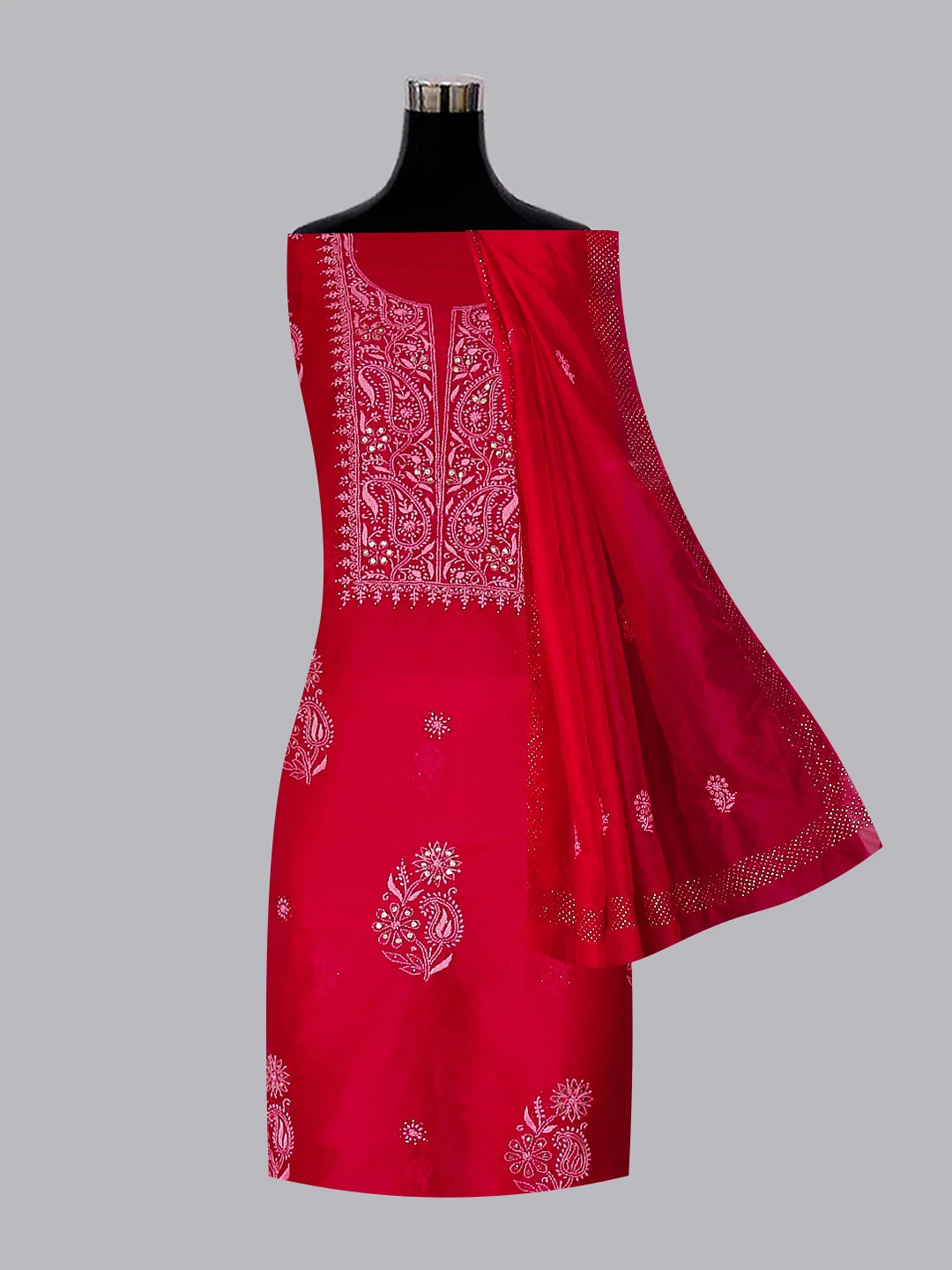 Ada Hand Embroidered Deep Pink Organza Lucknowi Chikankari Unstitched Kurta Dupatta Set With Muqaish Work 01A172381