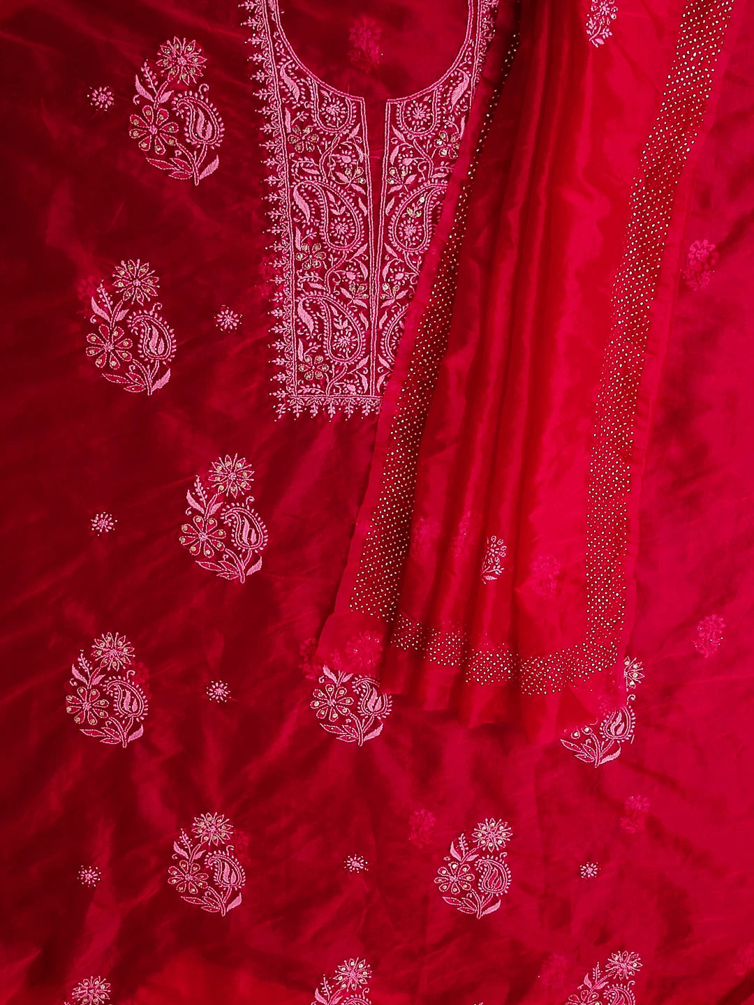 Ada Hand Embroidered Deep Pink Organza Lucknowi Chikankari Unstitched Kurta Dupatta Set With Muqaish Work 01A172381