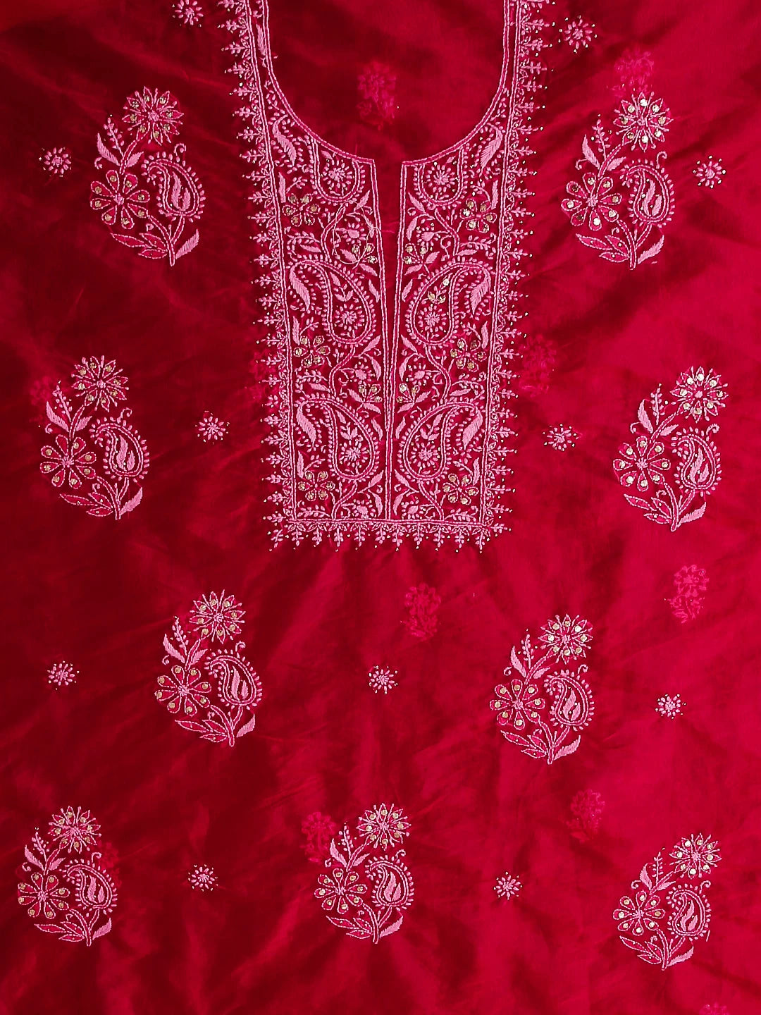 Ada Hand Embroidered Deep Pink Organza Lucknowi Chikankari Unstitched Kurta Dupatta Set With Muqaish Work 01A172381
