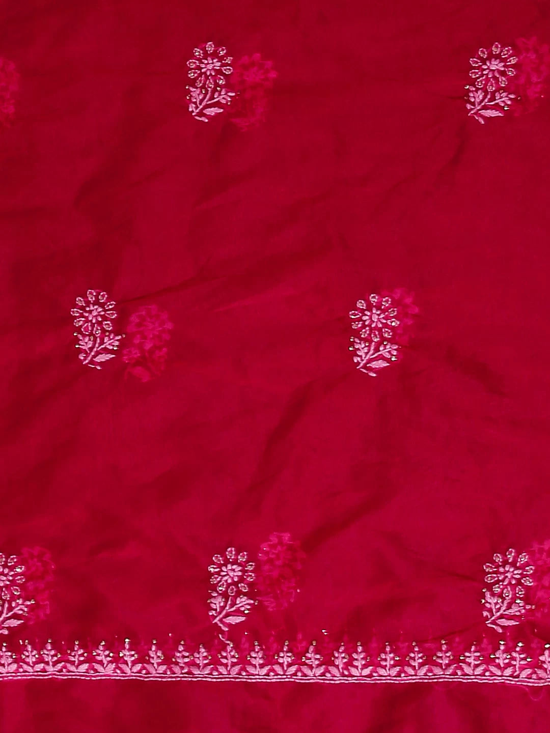 Ada Hand Embroidered Deep Pink Organza Lucknowi Chikankari Unstitched Kurta Dupatta Set With Muqaish Work 01A172381