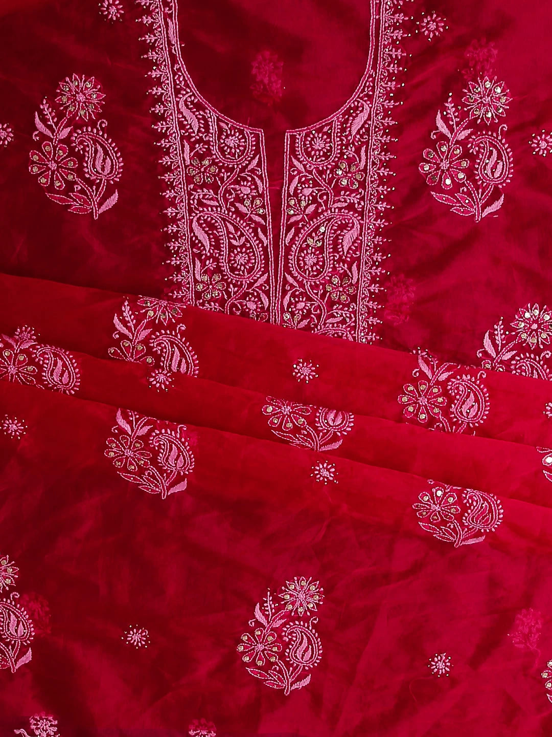 Ada Hand Embroidered Deep Pink Organza Lucknowi Chikankari Unstitched Kurta Dupatta Set With Muqaish Work 01A172381