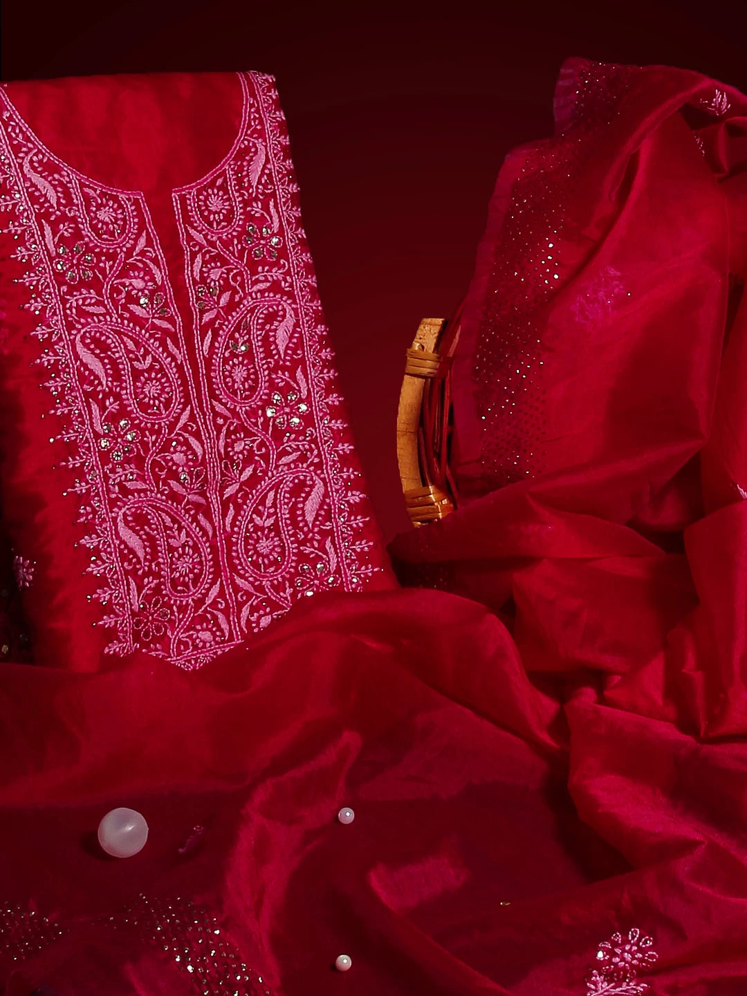 Ada Hand Embroidered Deep Pink Organza Lucknowi Chikankari Unstitched Kurta Dupatta Set With Muqaish Work 01A172381