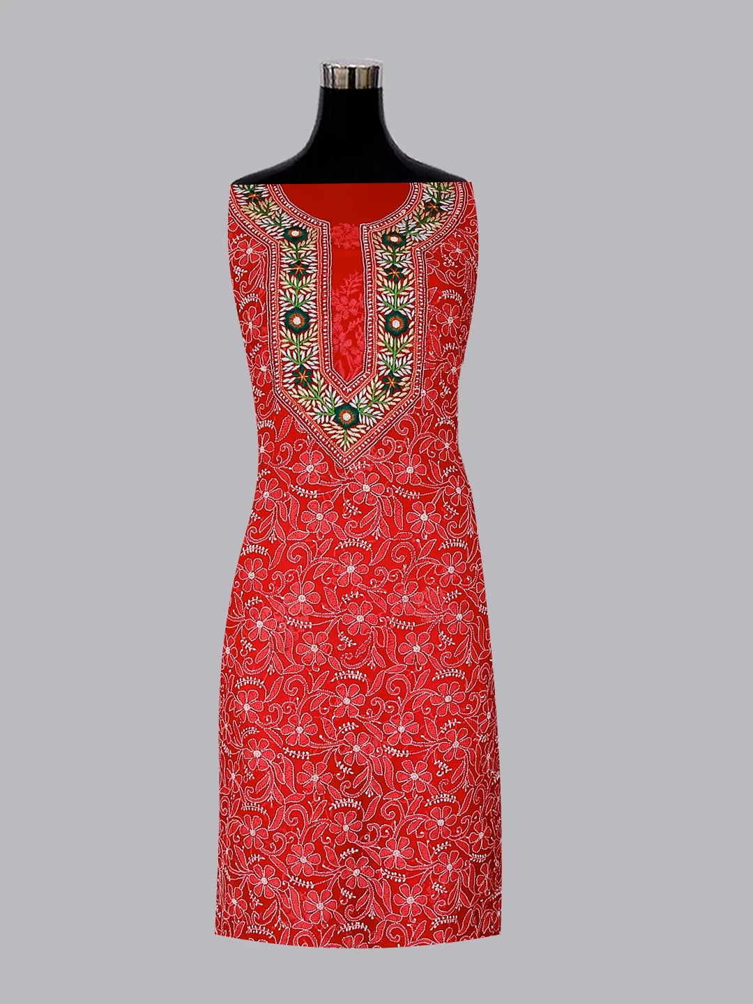 Ada Hand Embroidered Scarlet Red Georgette Lucknowi Chikankari Unstitched Suit Piece With Parsi Work 01A337808