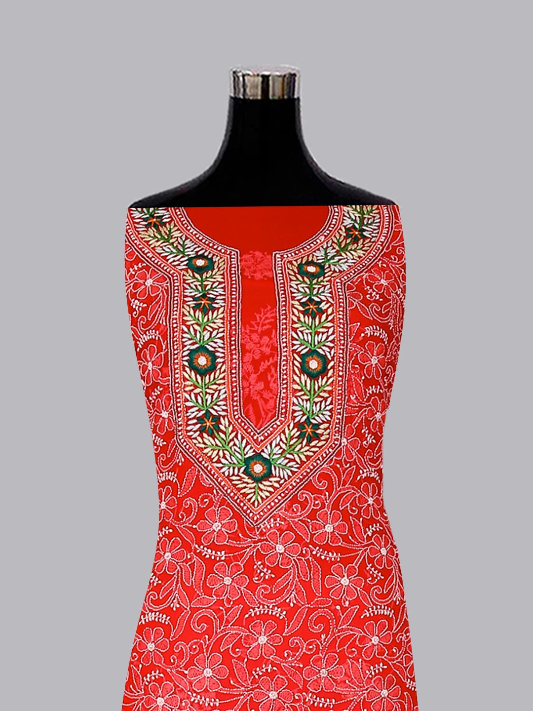 Ada Hand Embroidered Scarlet Red Georgette Lucknowi Chikankari Unstitched Suit Piece With Parsi Work 01A337808