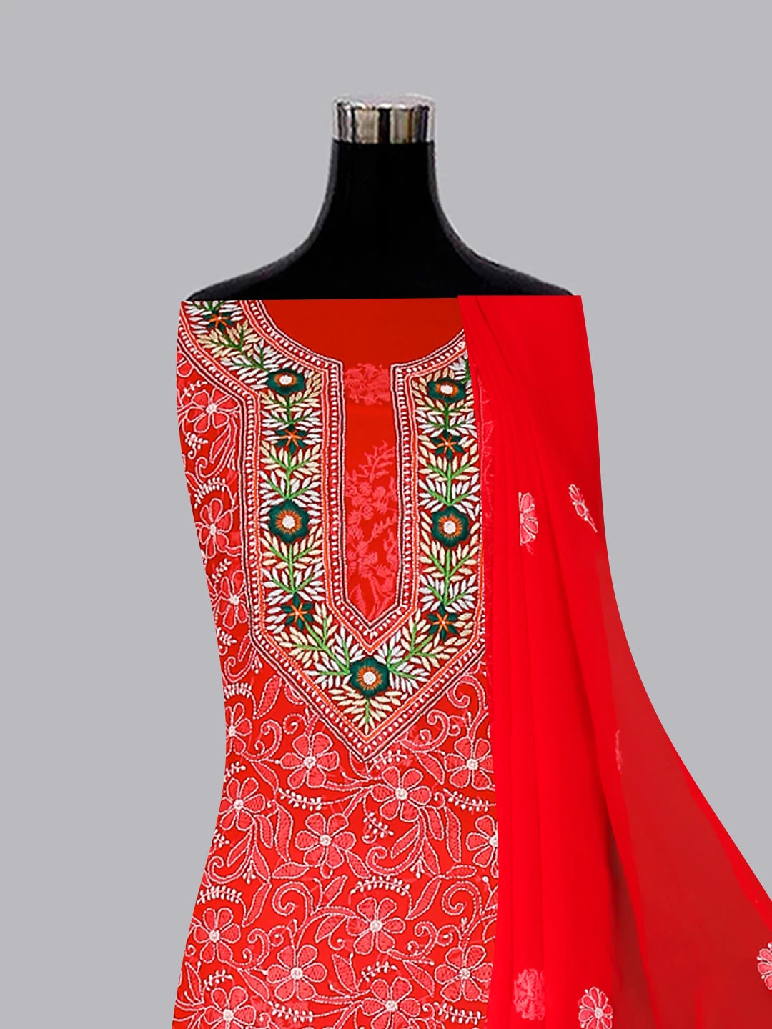 Ada Hand Embroidered Scarlet Red Georgette Lucknowi Chikankari Unstitched Suit Piece With Parsi Work 01A337808