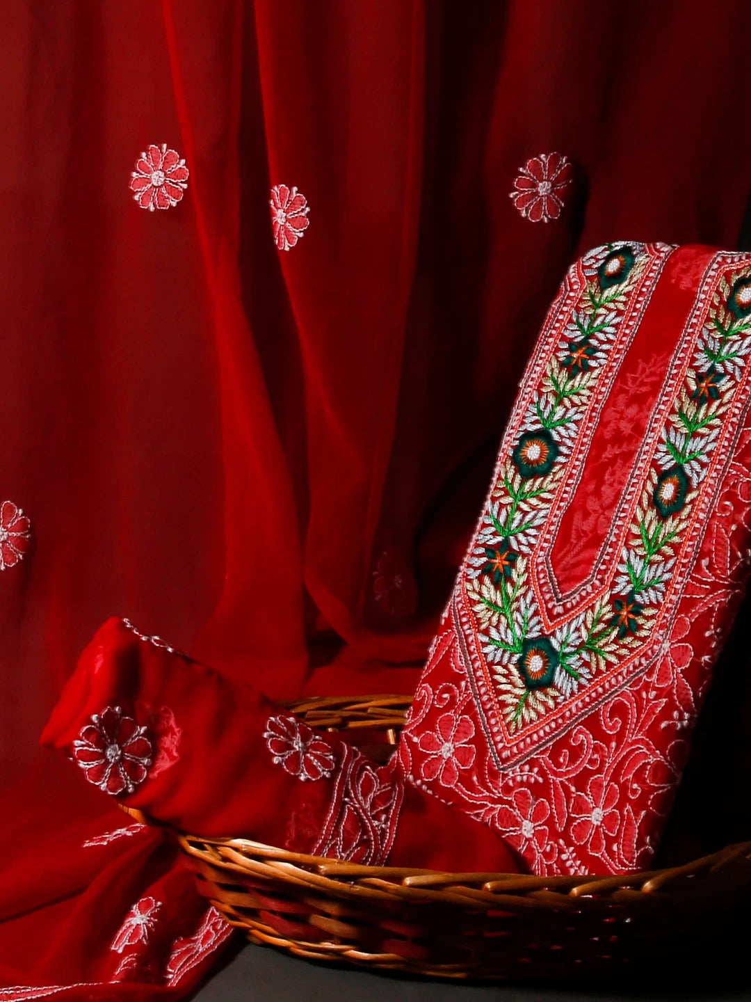 Ada Hand Embroidered Scarlet Red Georgette Lucknowi Chikankari Unstitched Suit Piece With Parsi Work 01A337808