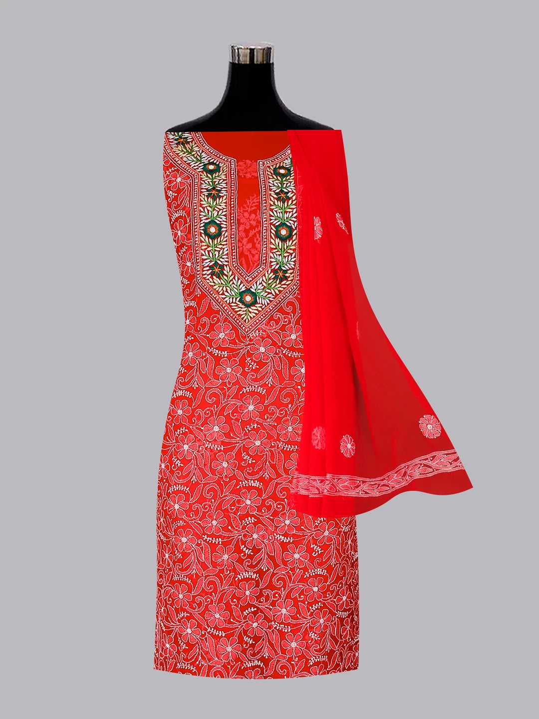 Ada Hand Embroidered Scarlet Red Georgette Lucknowi Chikankari Unstitched Suit Piece With Parsi Work 01A337808