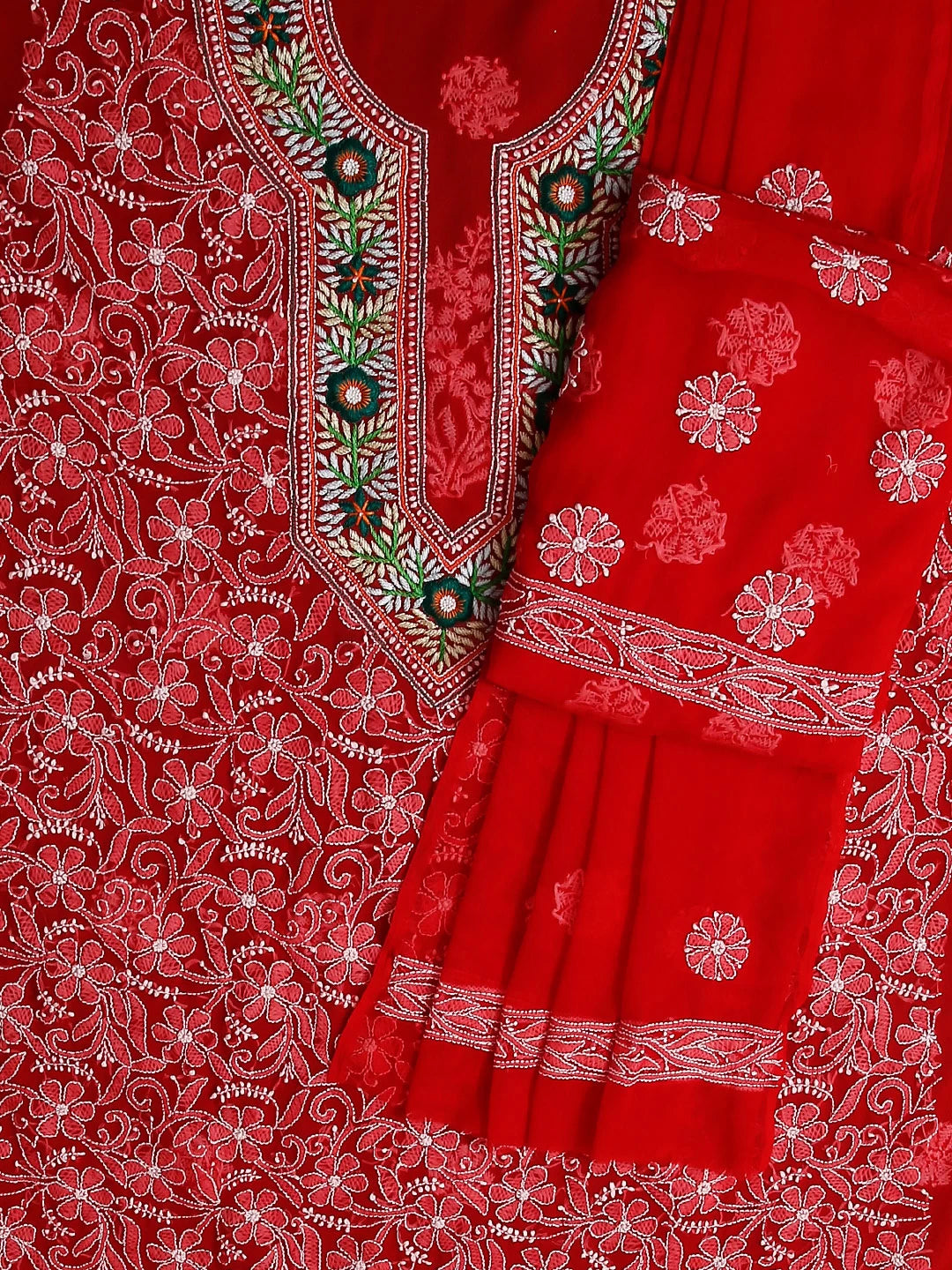 Ada Hand Embroidered Scarlet Red Georgette Lucknowi Chikankari Unstitched Suit Piece With Parsi Work 01A337808
