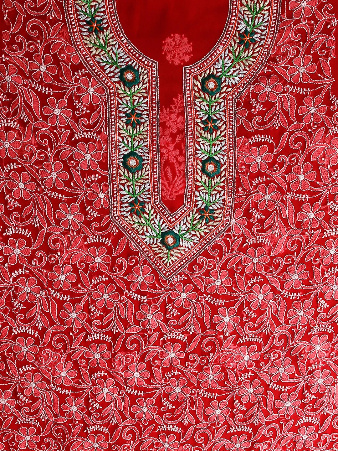Ada Hand Embroidered Scarlet Red Georgette Lucknowi Chikankari Unstitched Suit Piece With Parsi Work 01A337808